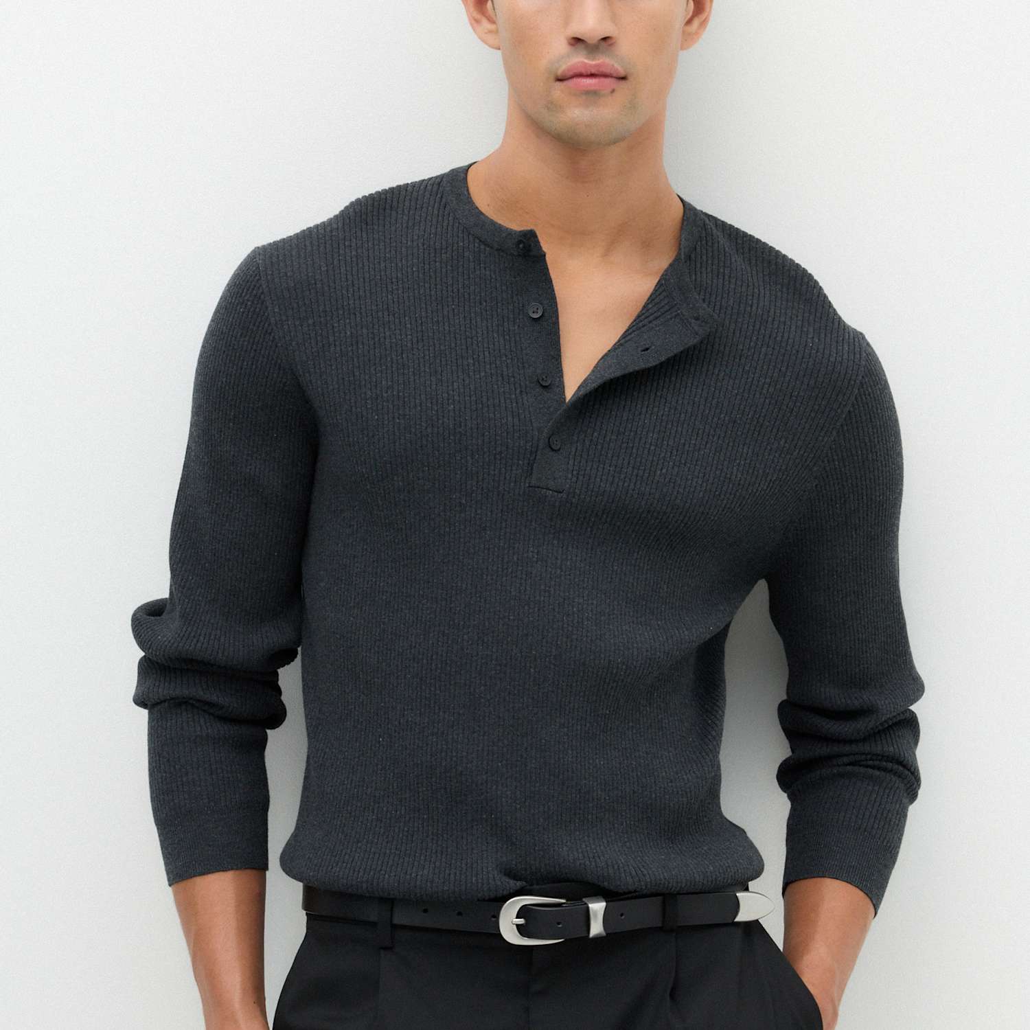 M&S Men's Cotton Blend Smart Henley Jumper - XL - Charcoal Mix