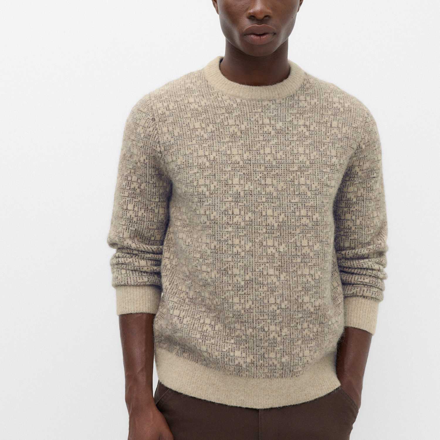 M&S Men's Lofty Patterned Crew Neck Jumper with Wool - M - Neutral