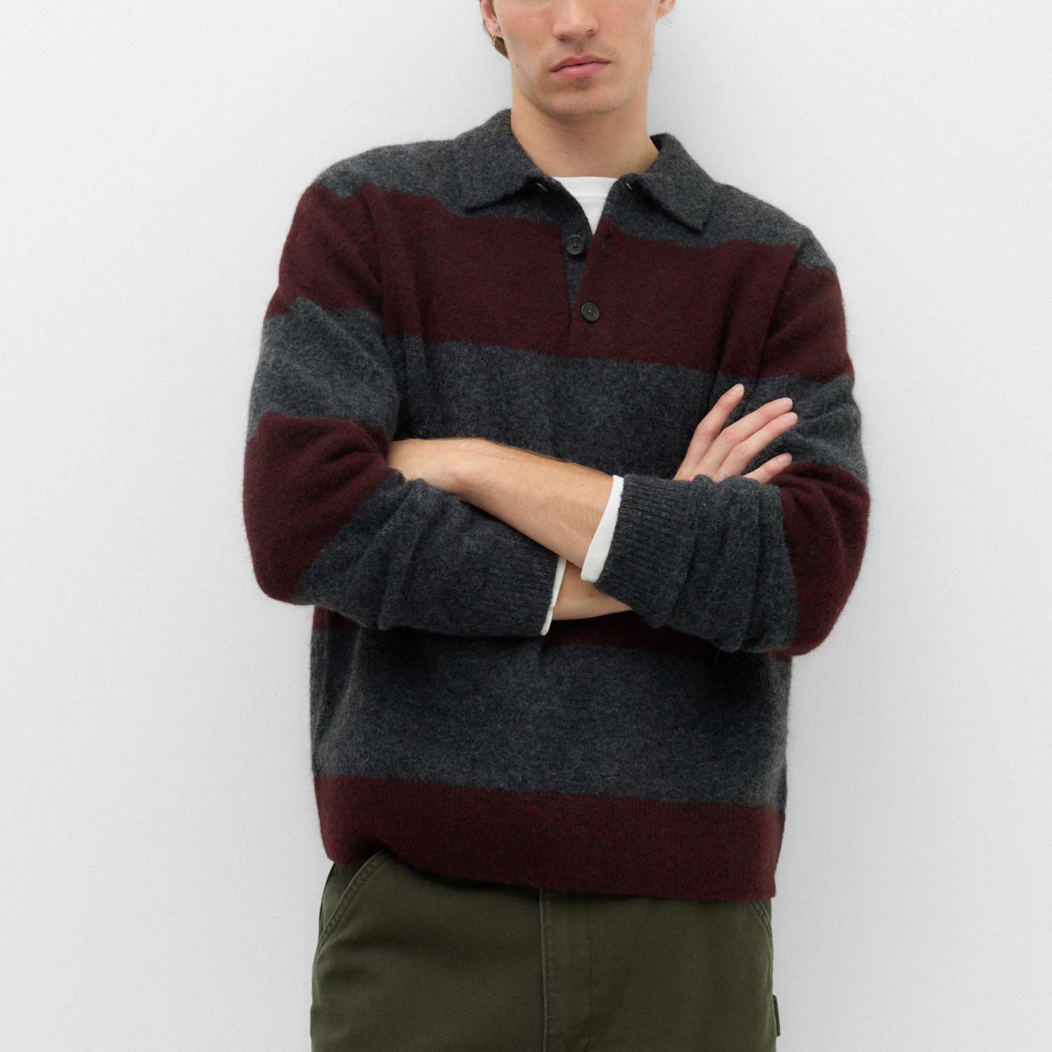 M&S Men's Striped Collared Neck Rugby Jumper with Wool - M - Burgundy Mix
