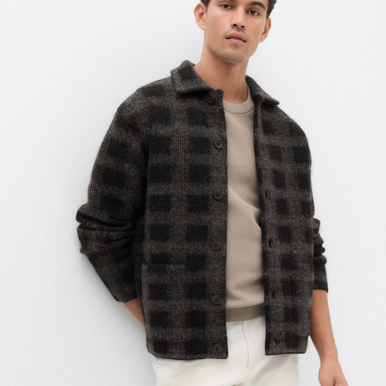 M&S Men's Checked Button Through Knitted Jacket - L - Black Mix