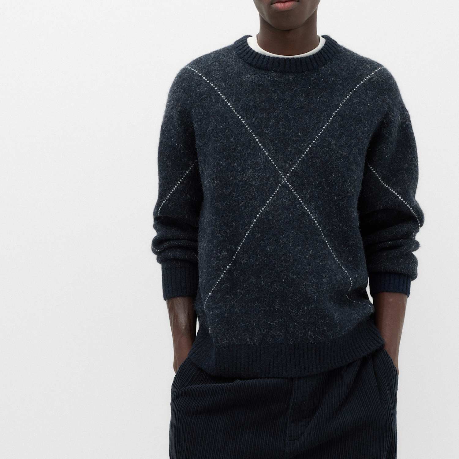 M&S Men's Argyle Crew Neck Jumper - S - Navy Mix