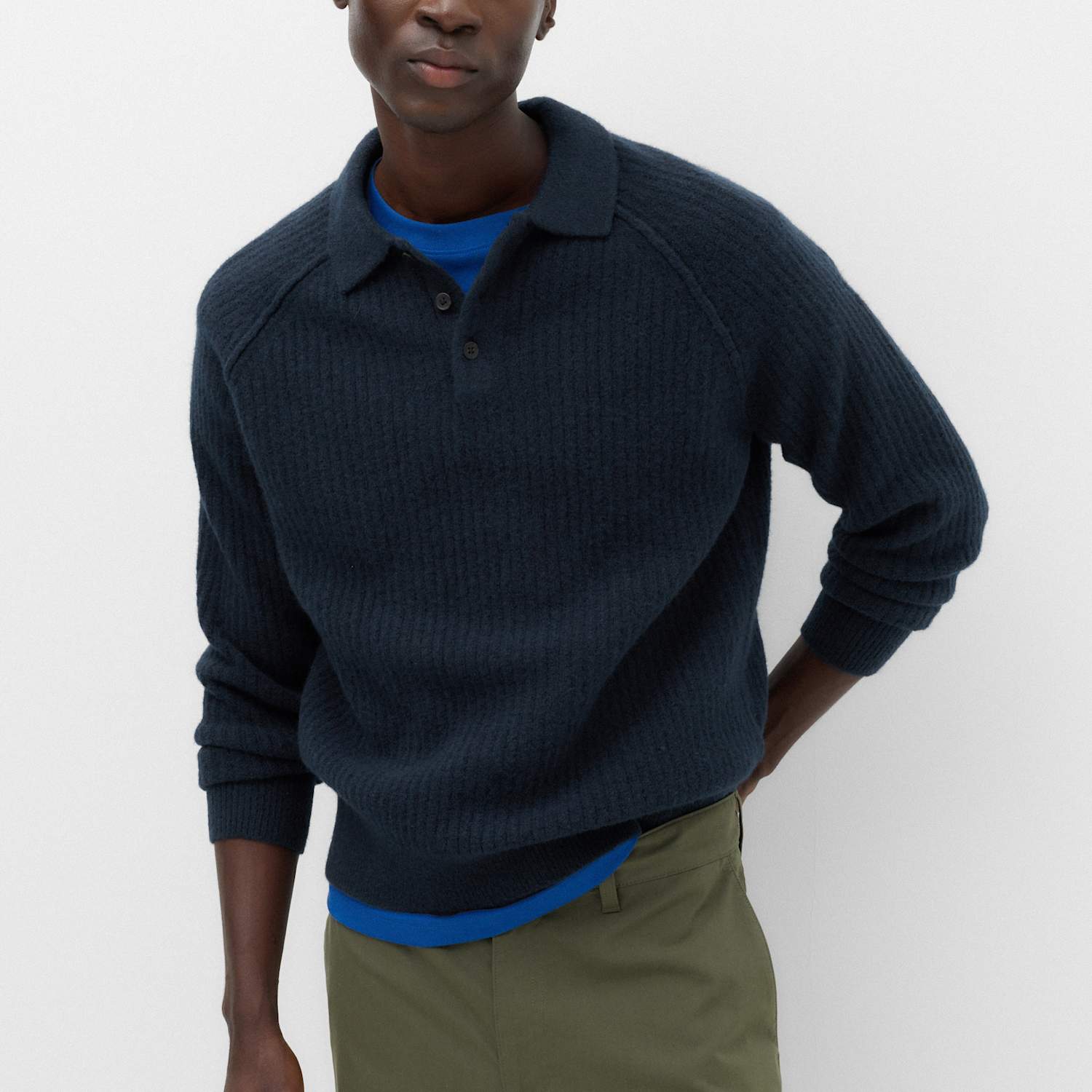 M&S Men's Lofty Relaxed Fit Ribbed Knit Polo Shirt - XL - Navy