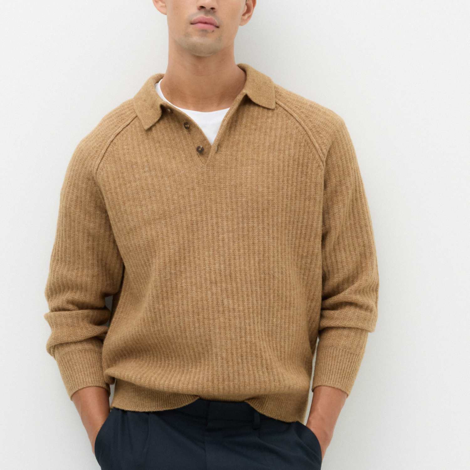 M&S Men's Lofty Relaxed Fit Ribbed Knit Polo Shirt - M - Butterscotch