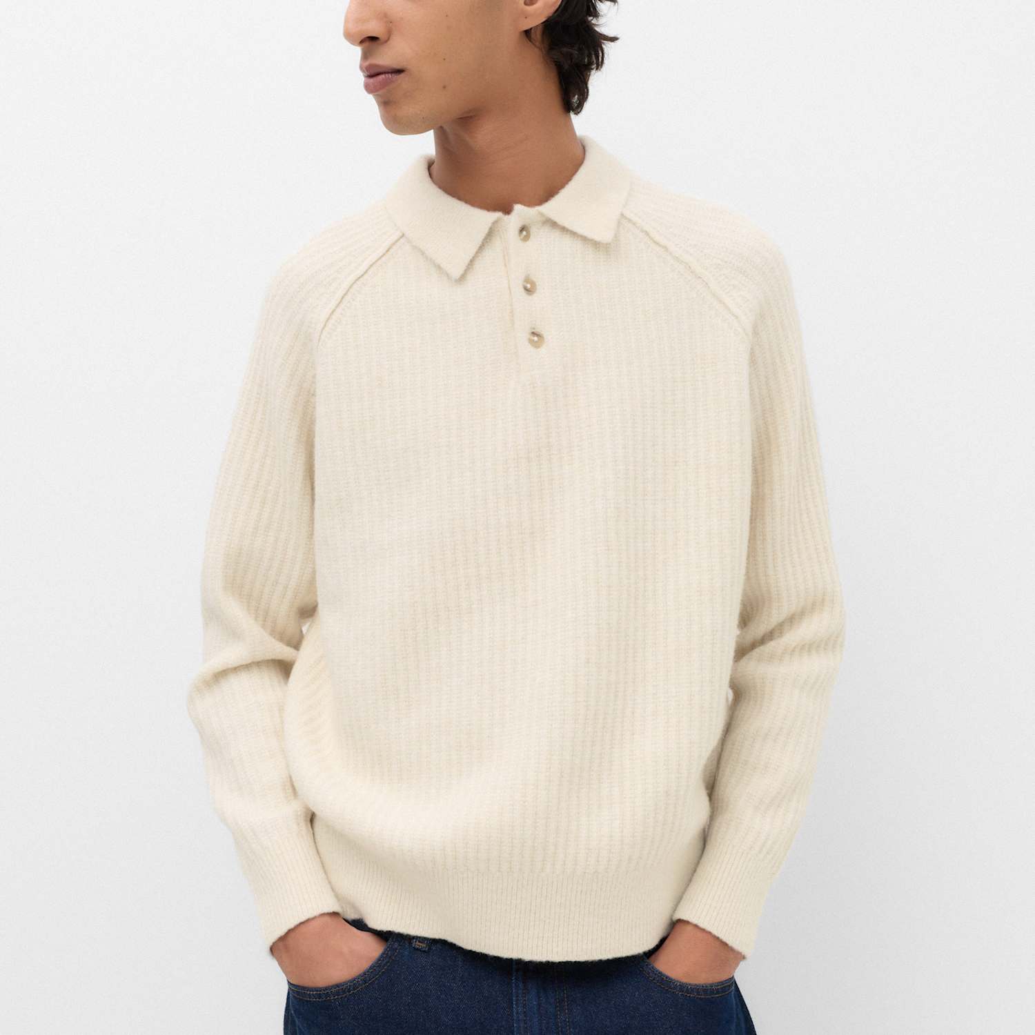 M&S Men's Lofty Relaxed Fit Ribbed Knit Polo Shirt - M - Ecru