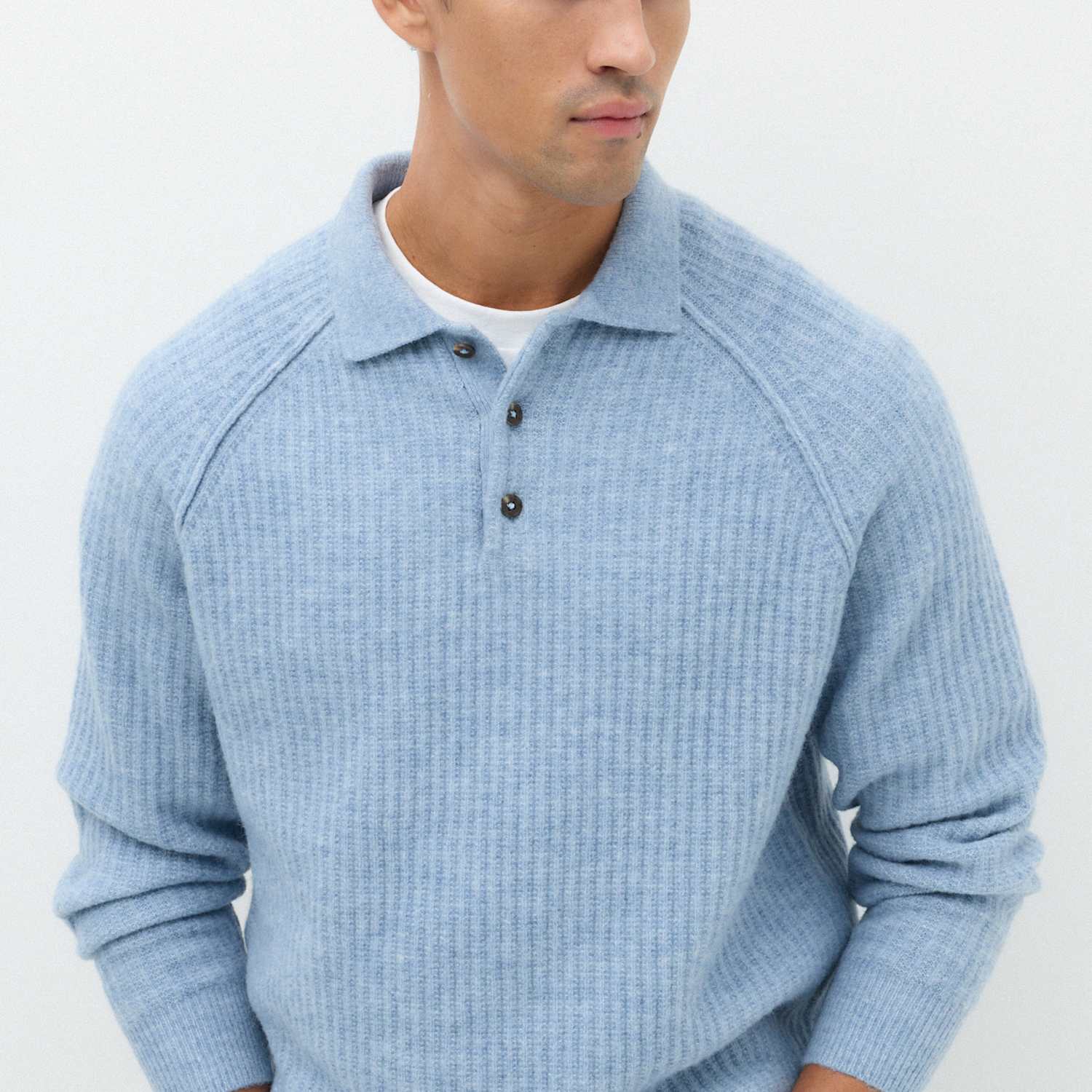M&S Men's Lofty Relaxed Fit Ribbed Knit Polo Shirt - XL - Mid Blue