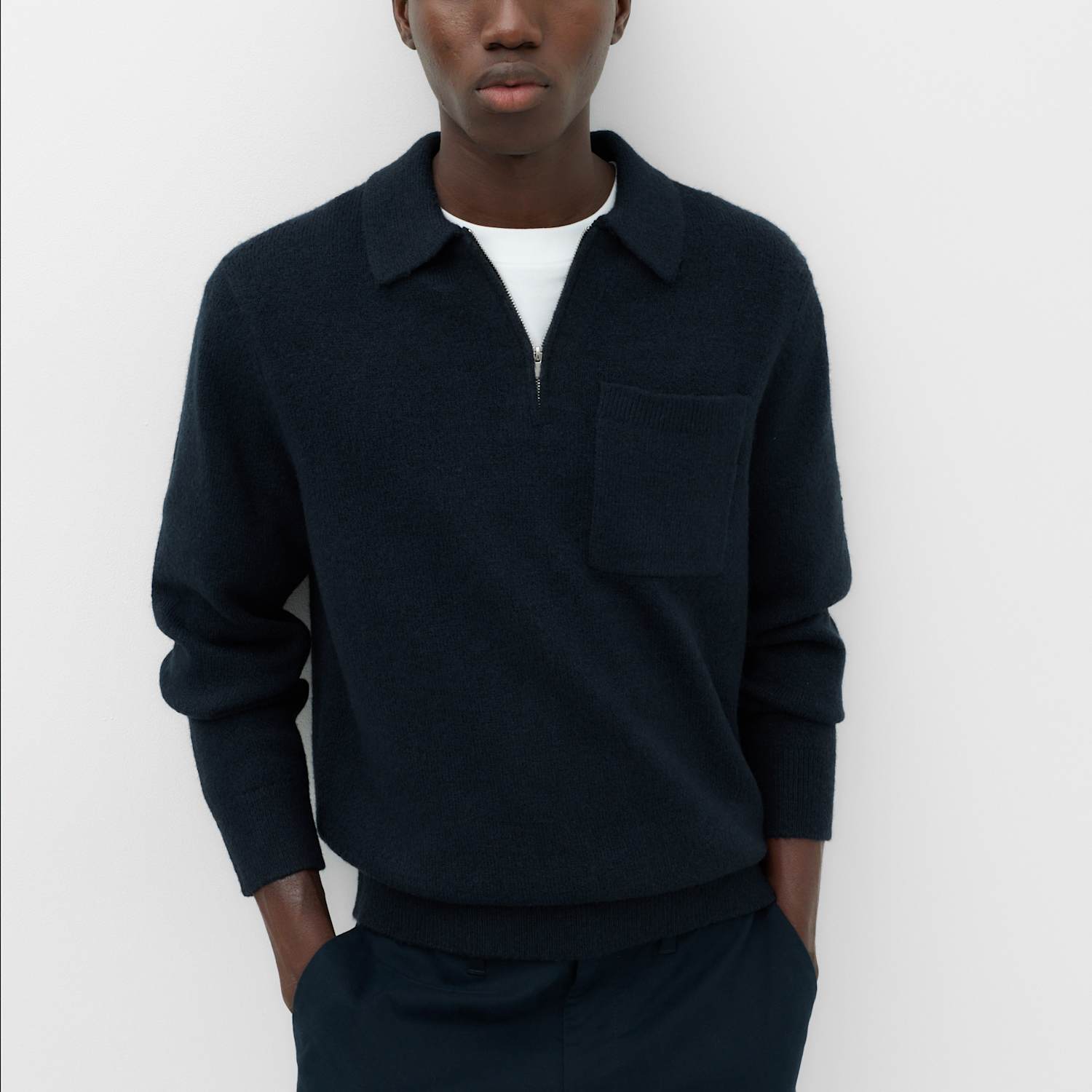 M&S Men's Supersoft Quarter Zip Knitted Polo Shirt - L - Navy