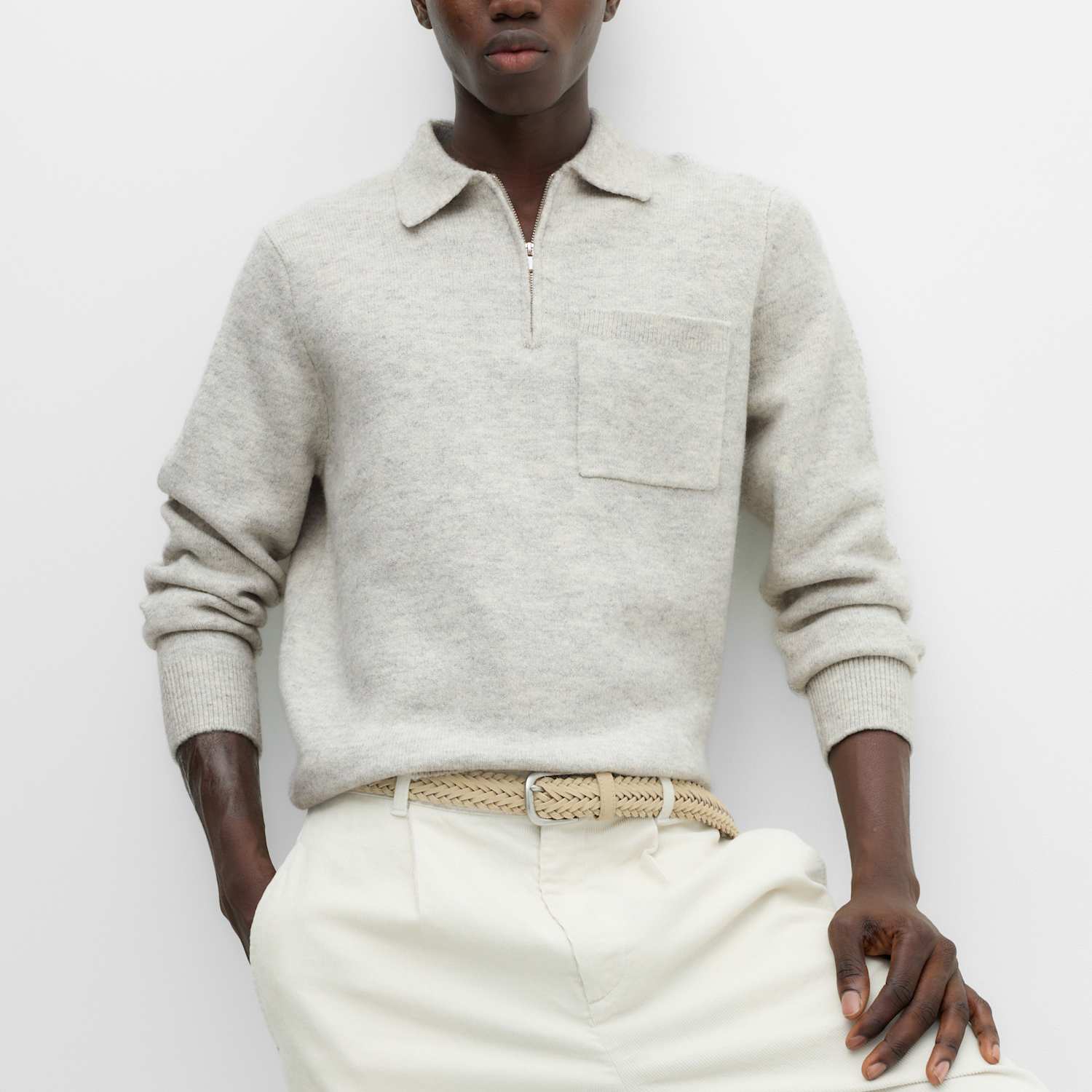 M&S Men's Supersoft Quarter Zip Knitted Polo Shirt - S - Mid Grey Marl