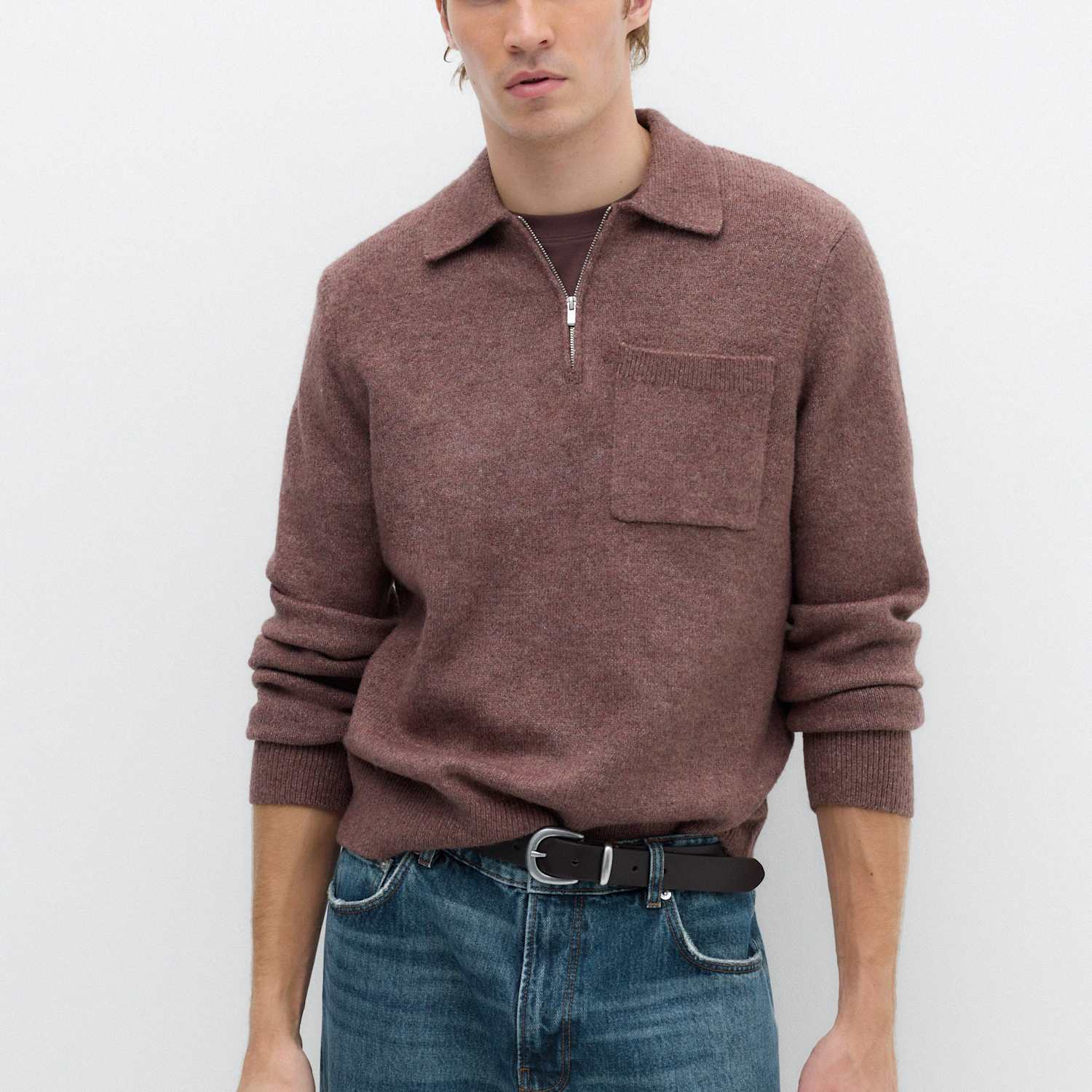 M&S Men's Supersoft Quarter Zip Knitted Polo Shirt - XL - Rosewood