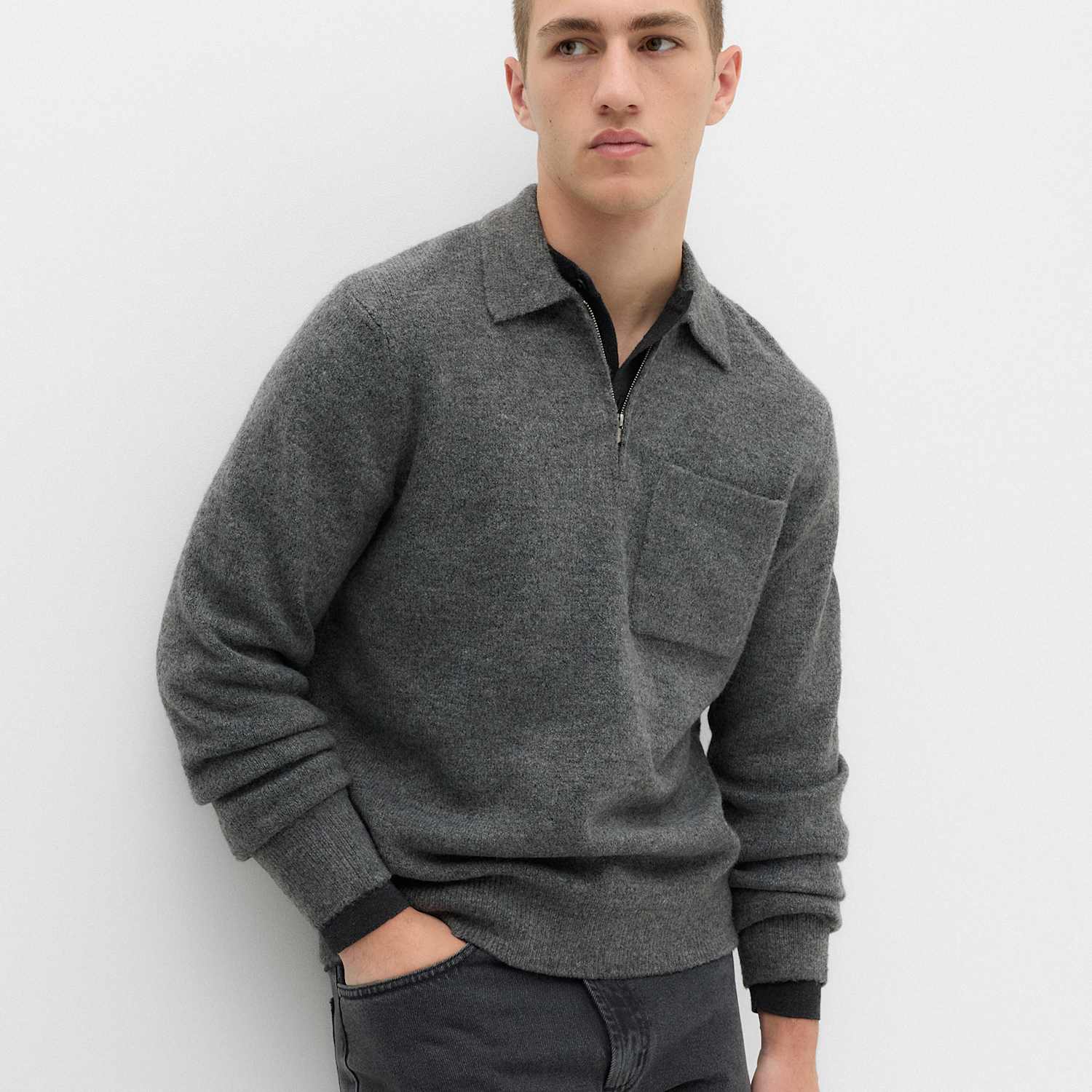 M&S Men's Supersoft Quarter Zip Knitted Polo Shirt - XL - Dark Charcoal