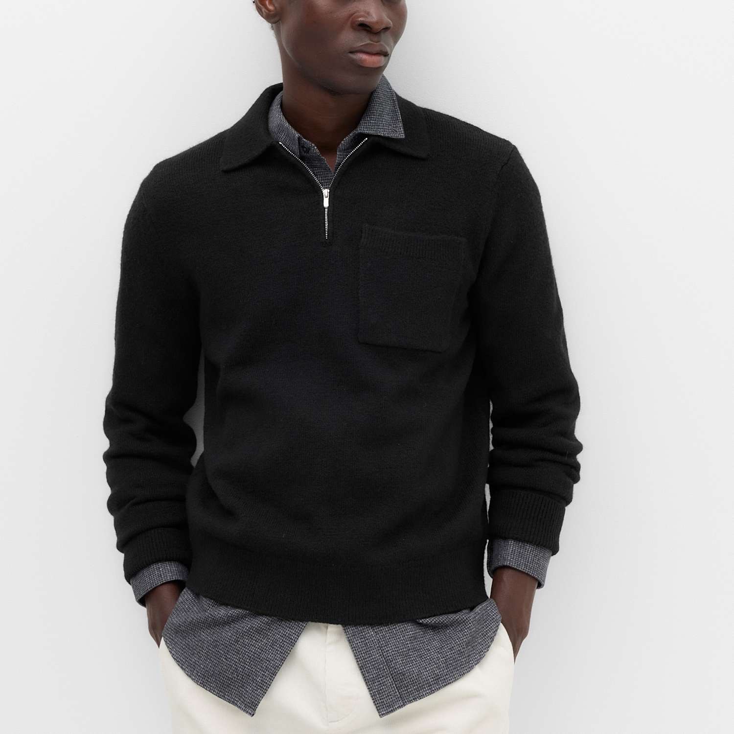 M&S Men's Supersoft Quarter Zip Knitted Polo Shirt - L - Black
