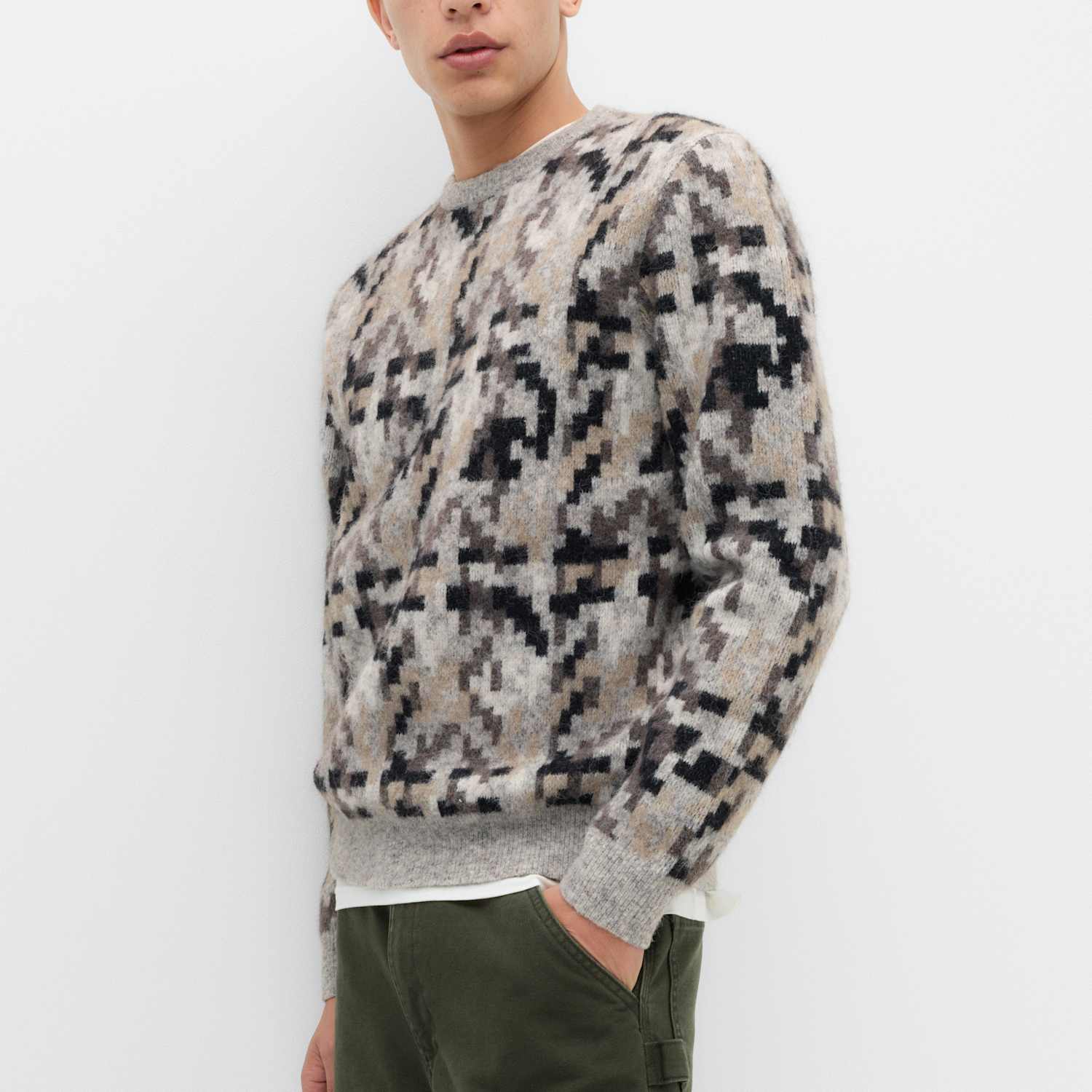 M&S Men's Regular Fit Checked Crew Neck Jumper - M - Neutral