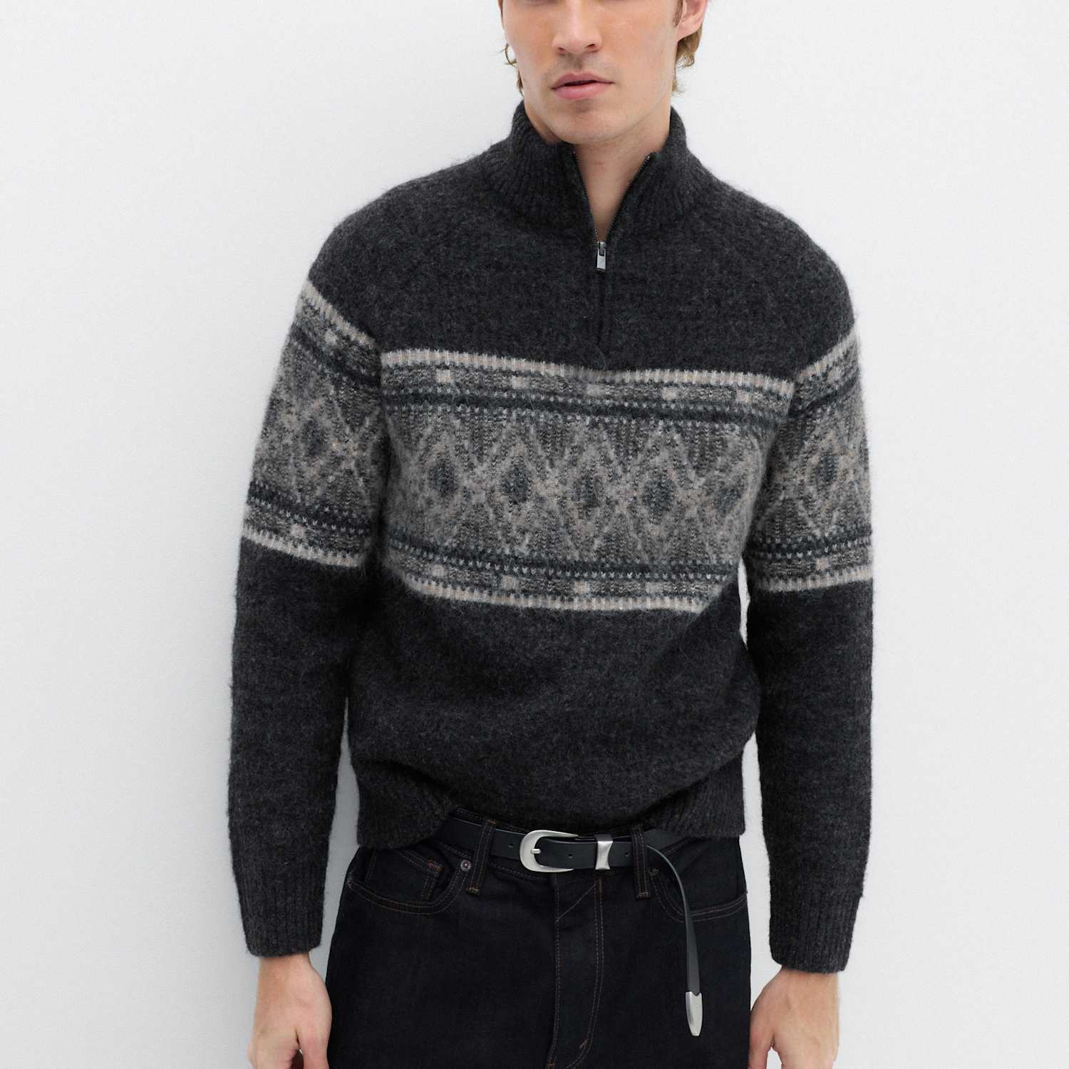M&S Men's Fair Isle Half Zip Jumper with Wool - 2XL - Grey Mix
