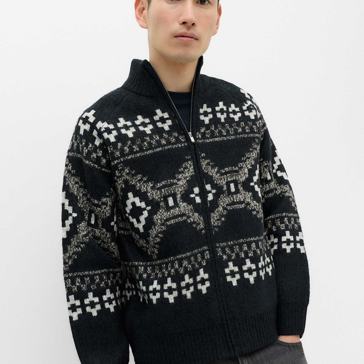 M&S Men's Fair Isle Funnel Neck Zip Up Jumper - M - Navy Mix