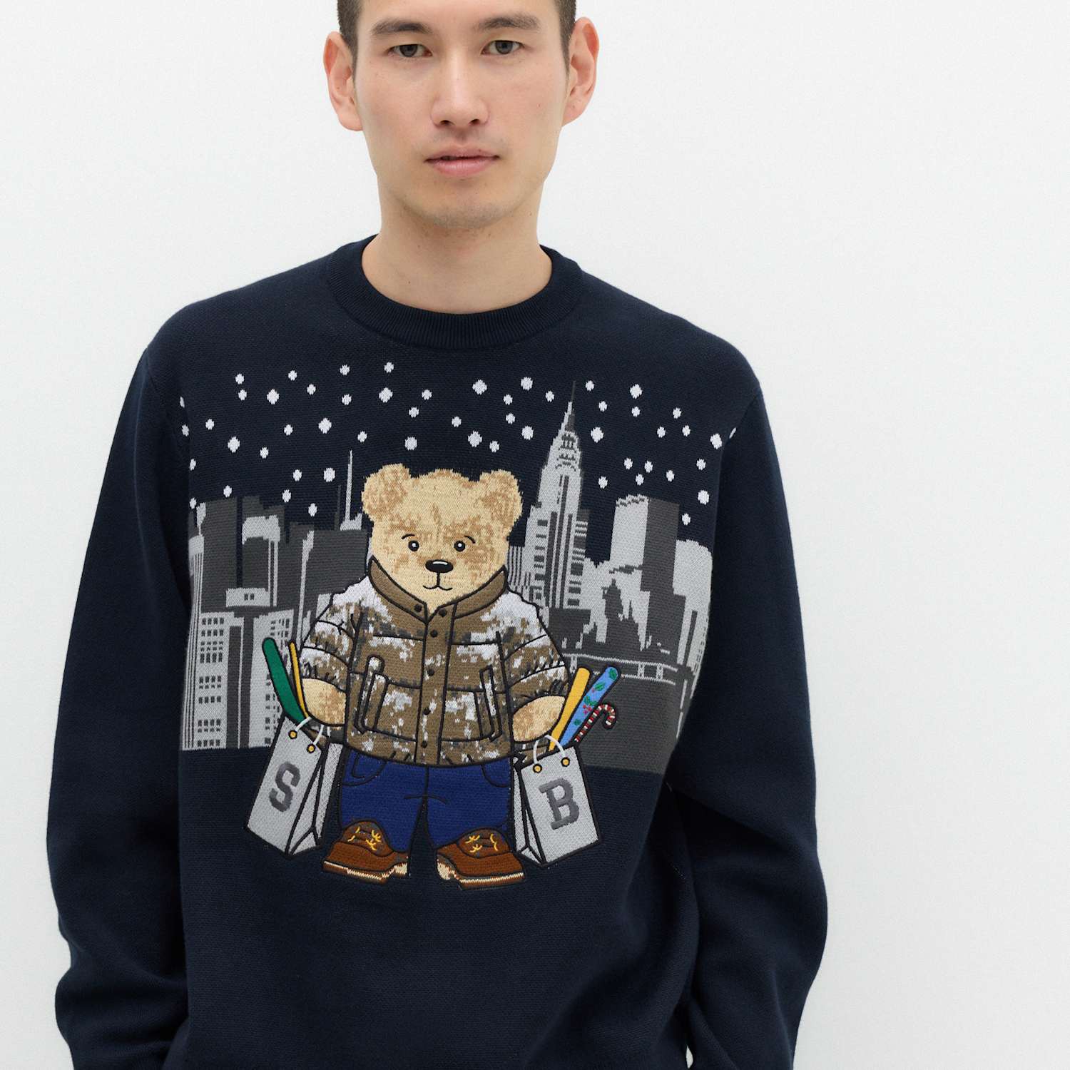 Men's Pure Cotton Spencer Bear Crew Neck Jumper - 2XL - Navy Mix - Available at M&S
