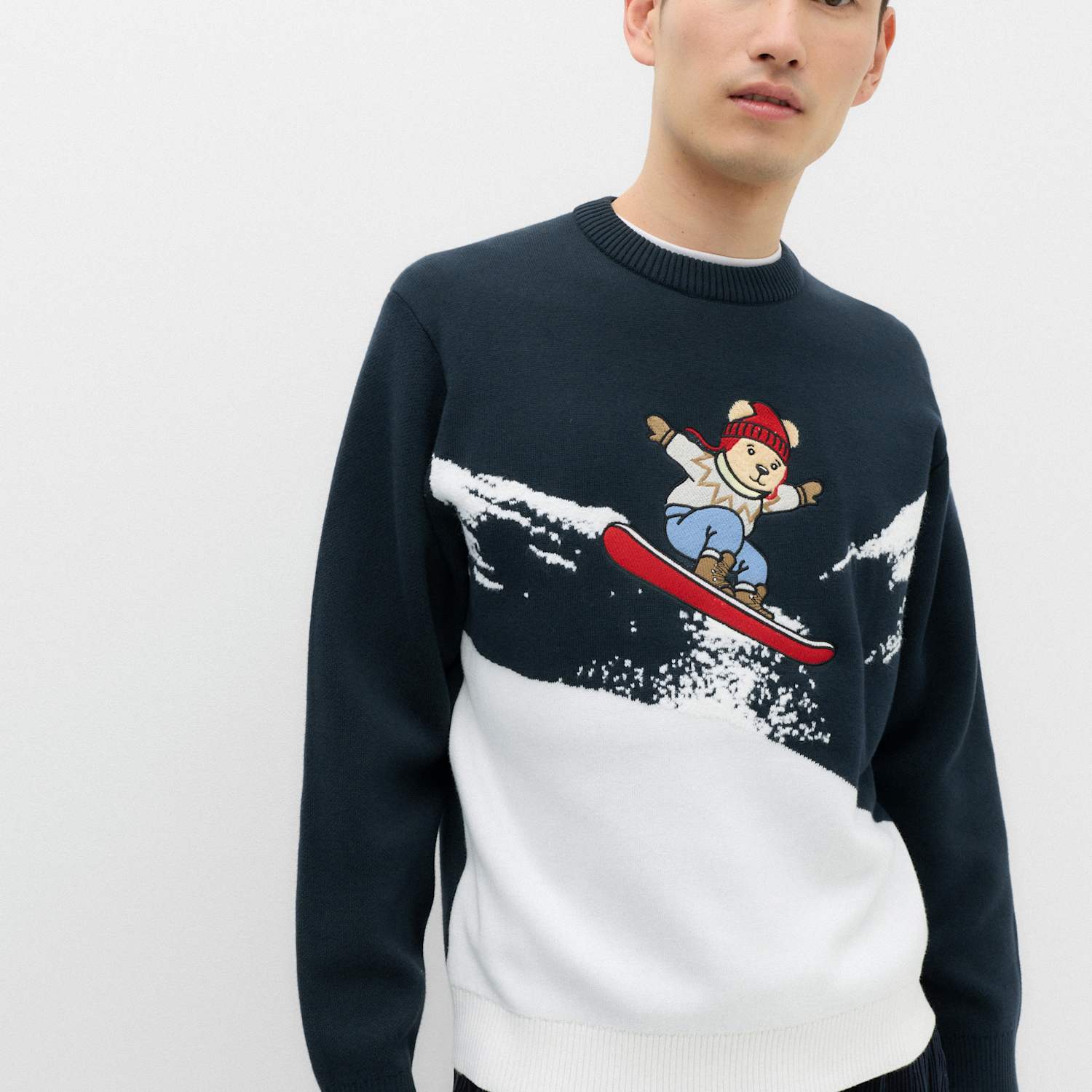 M&S Men's Pure Cotton Spencer Bear Crew Neck Jumper - M - Navy Mix