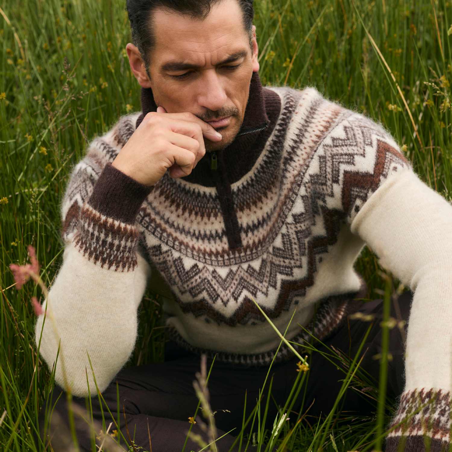 Jaeger Men's Alpaca Blend Fair Isle Half Zip Jumper - L - Natural Mix - By M&S