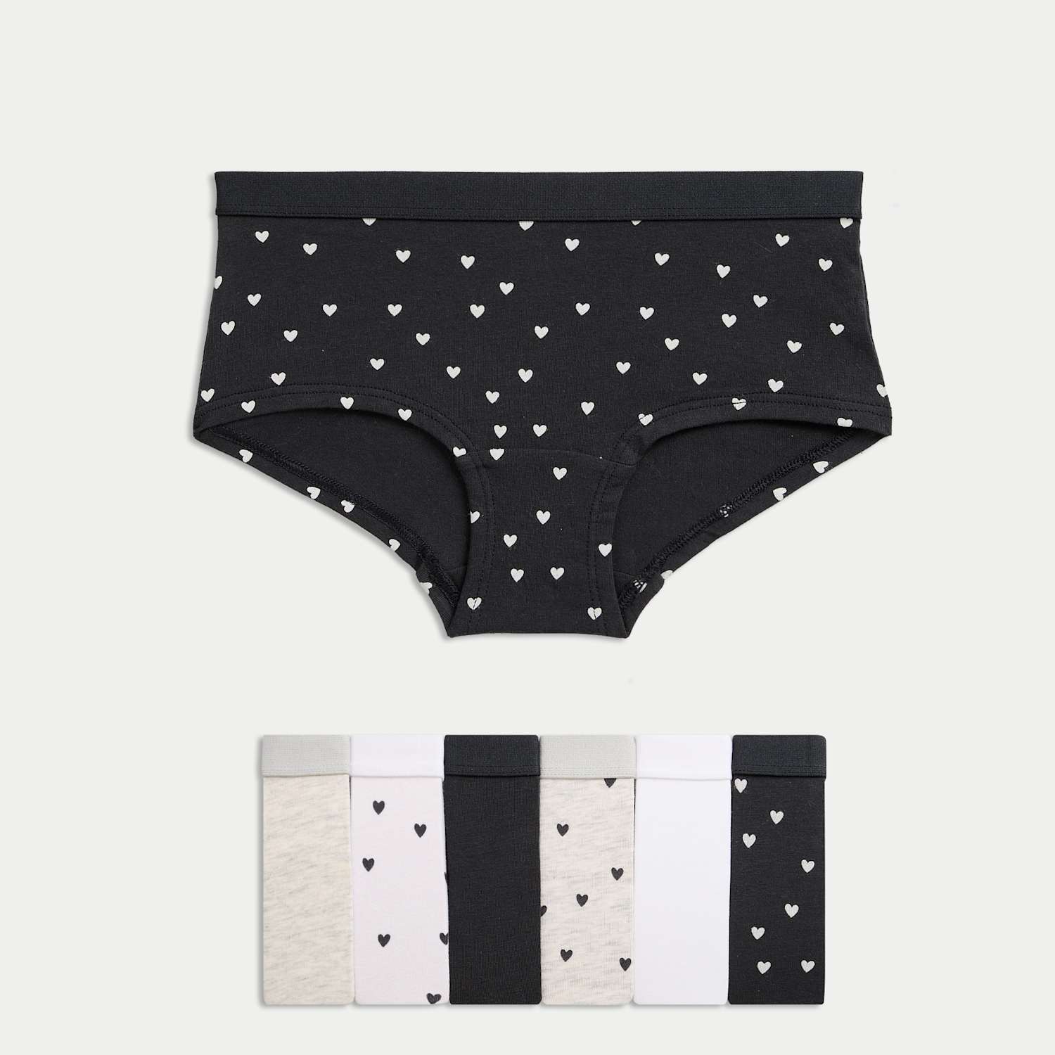 M&S Girls 7 Pack Cotton with Stretch Heart Print Shorts (5-16 Yrs) - 15-16 Years - Black Mix