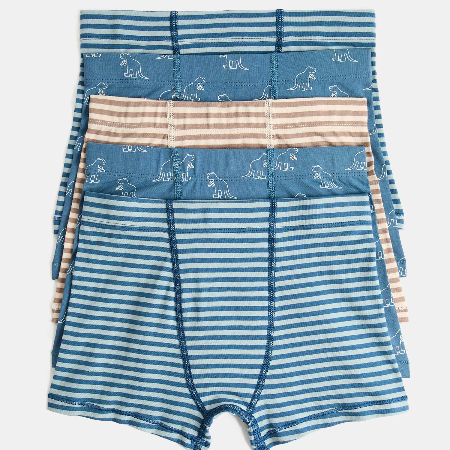 M&S Boys 5 Pack Cotton Rich Dino Print Trunks (3-10 Yrs) - 7-8 Years - Blue Mix