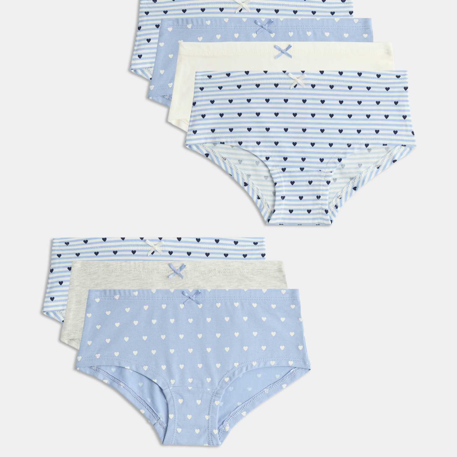M&S Girls 7pk Cotton Rich Heart Stripe Knicker Shorts (5-16 Yrs) - 5-6 Years - Blue Mix