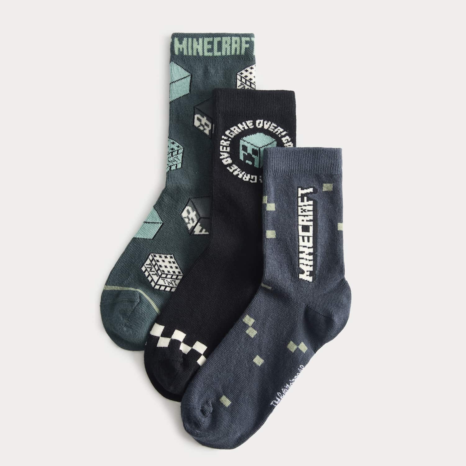 M&S Boys 3 Pack Cotton Rich Minecraft Socks (6 Small-7 Large) - 8½-12 - Green Mix