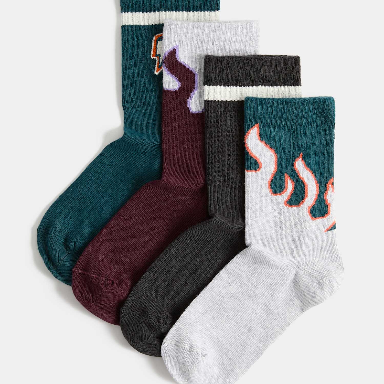 M&S Boys 4 Pack Cotton Rich Flame Ribbed Socks (6 Small-7 Large) - 6-8 ½ - Green Mix