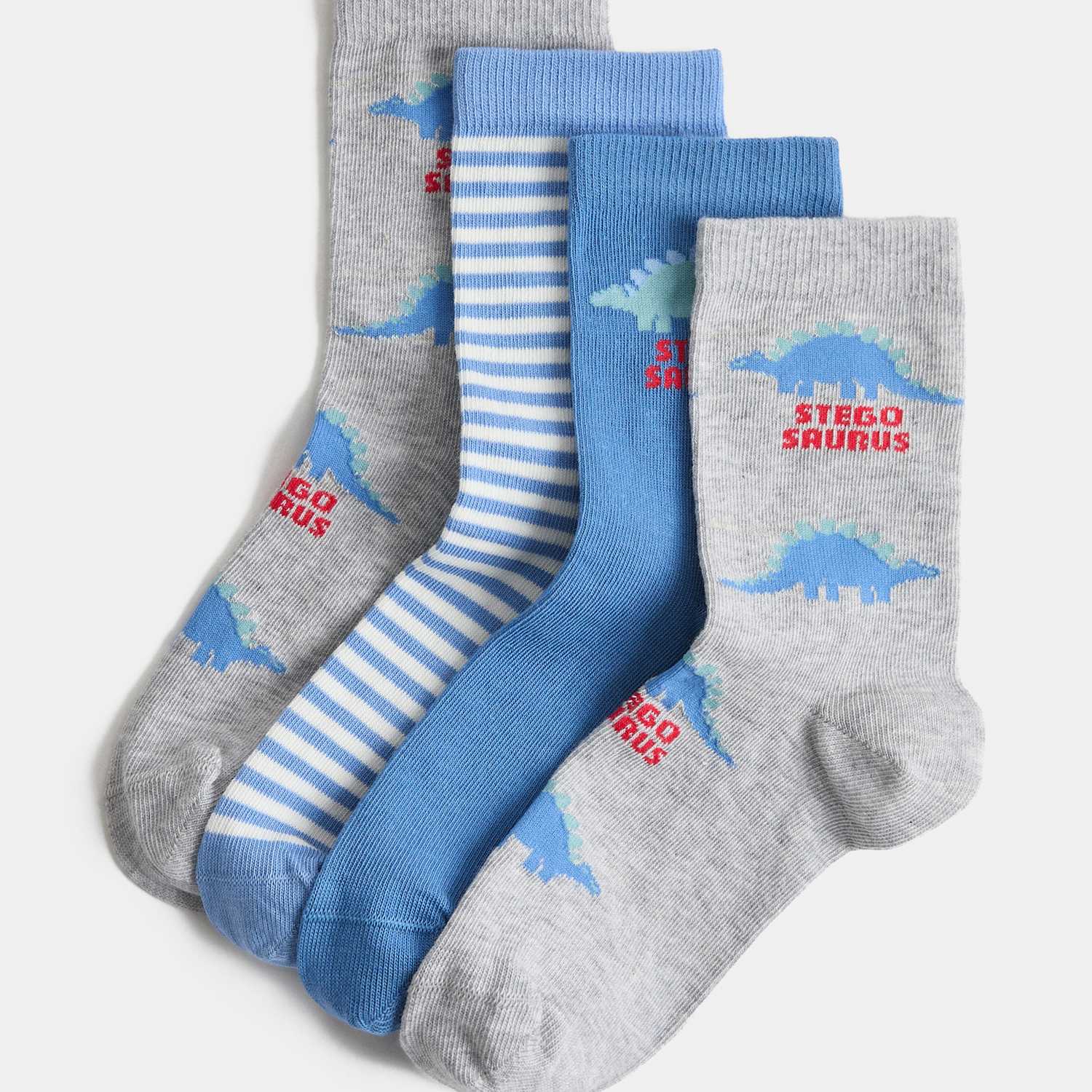 M&S Boys 4 Pack Cotton Rich Dinosaur Socks - 12½-3 ½ - Blue Mix