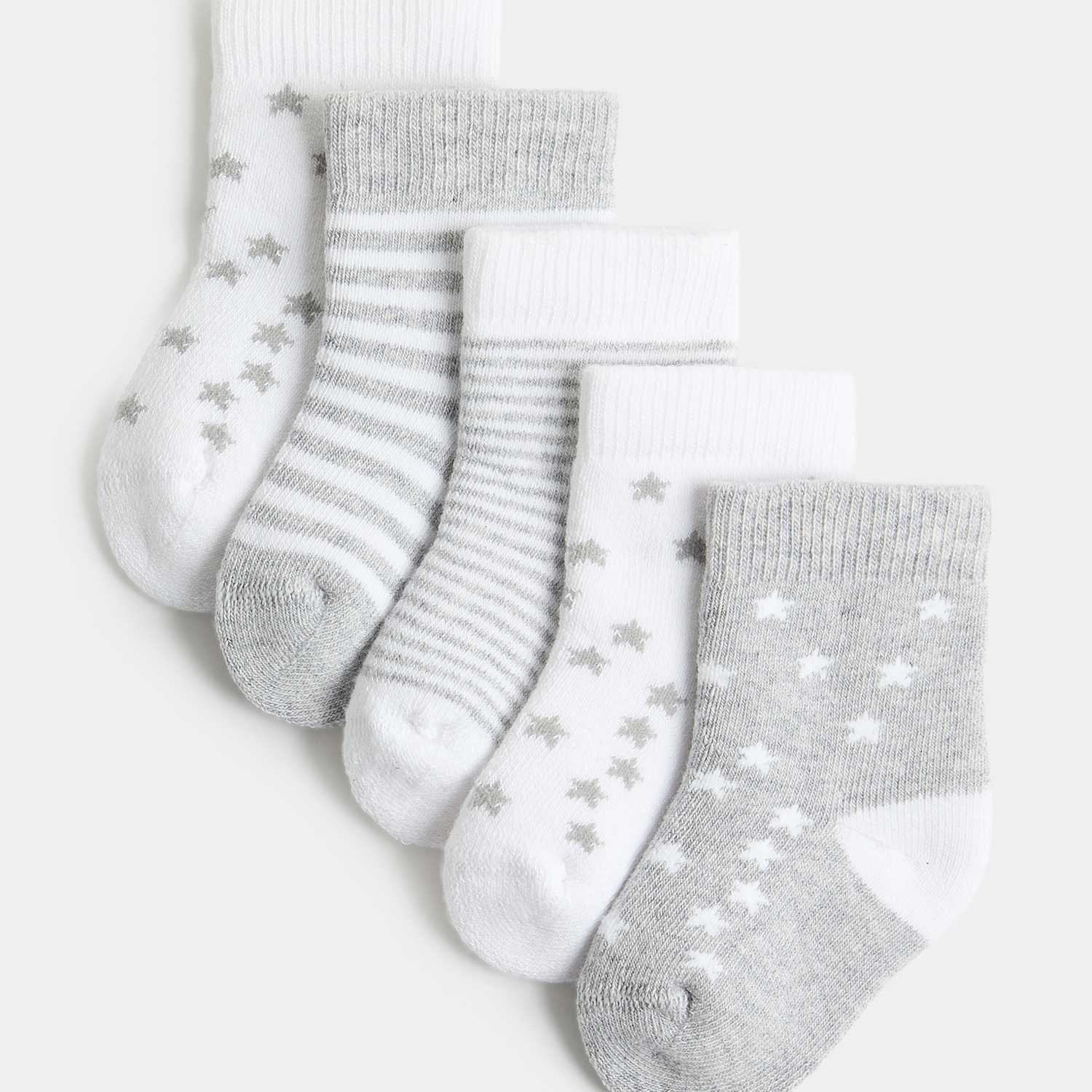 M&S Kids 5 Pack Cotton Rich Star Terry Socks - Newborn - Grey Mix