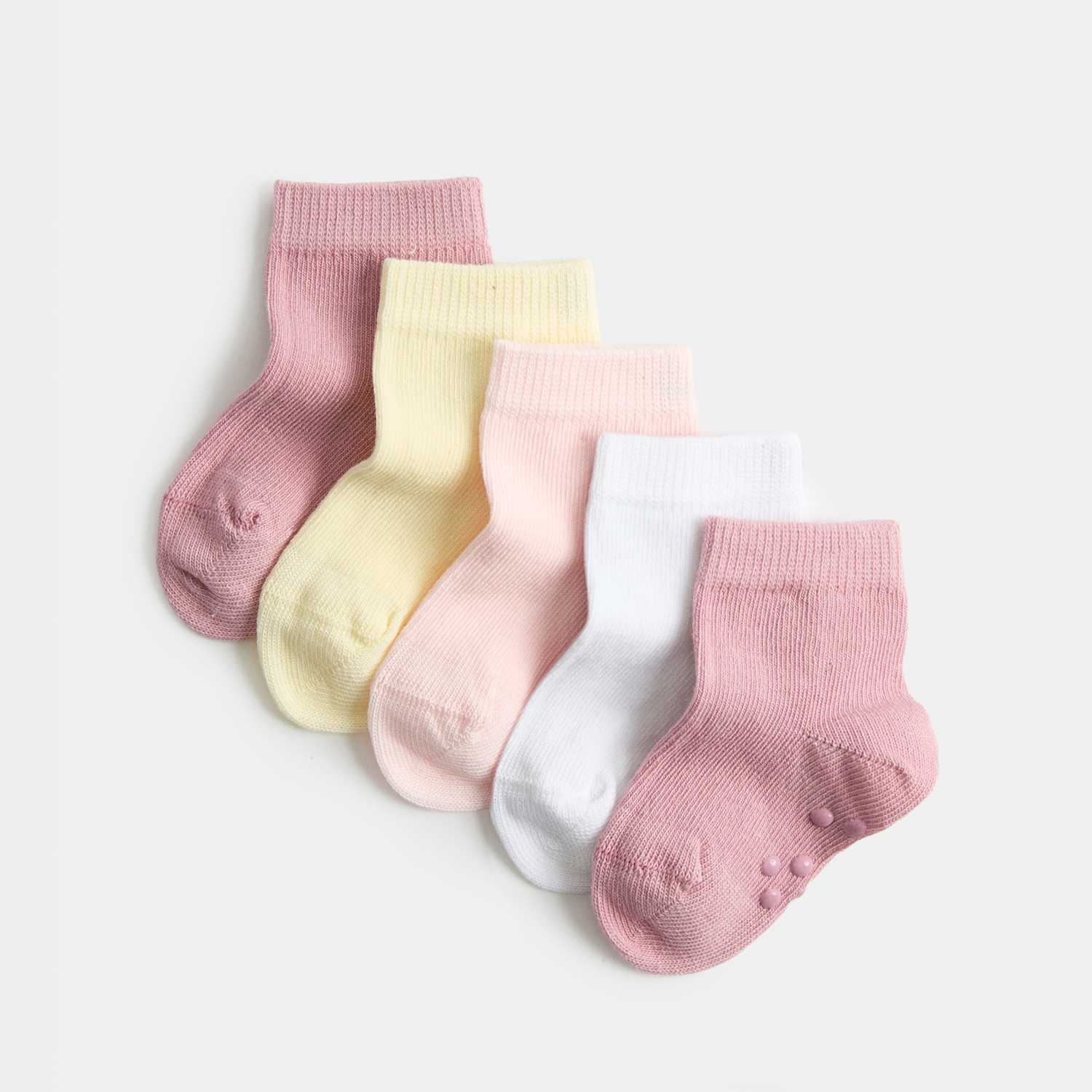 M&S Girls 5pk Cotton Rich Gripper Socks (0-2 Yrs) - Newborn - Pink Mix