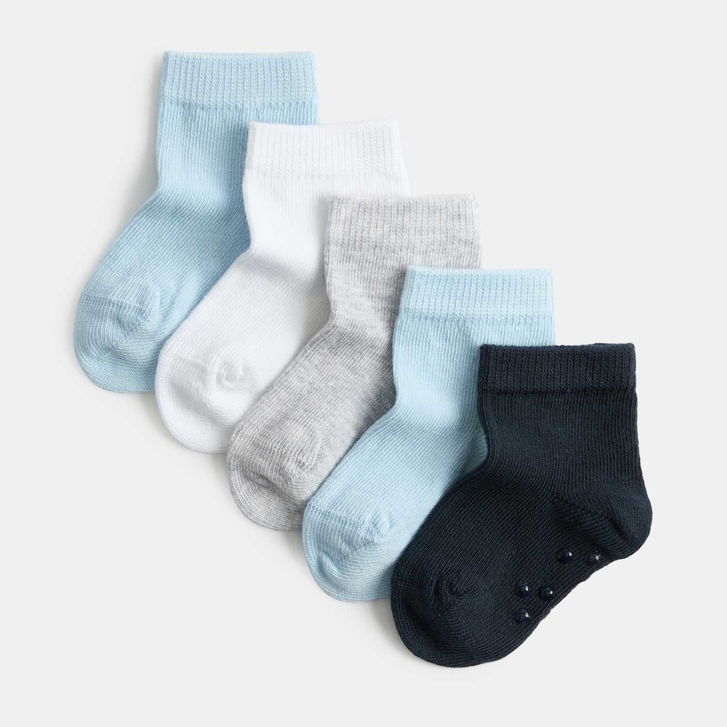 M&S 5 Pack Cotton Rich Gripper Baby Socks (0-24 Mths) - Newborn - Blue Mix