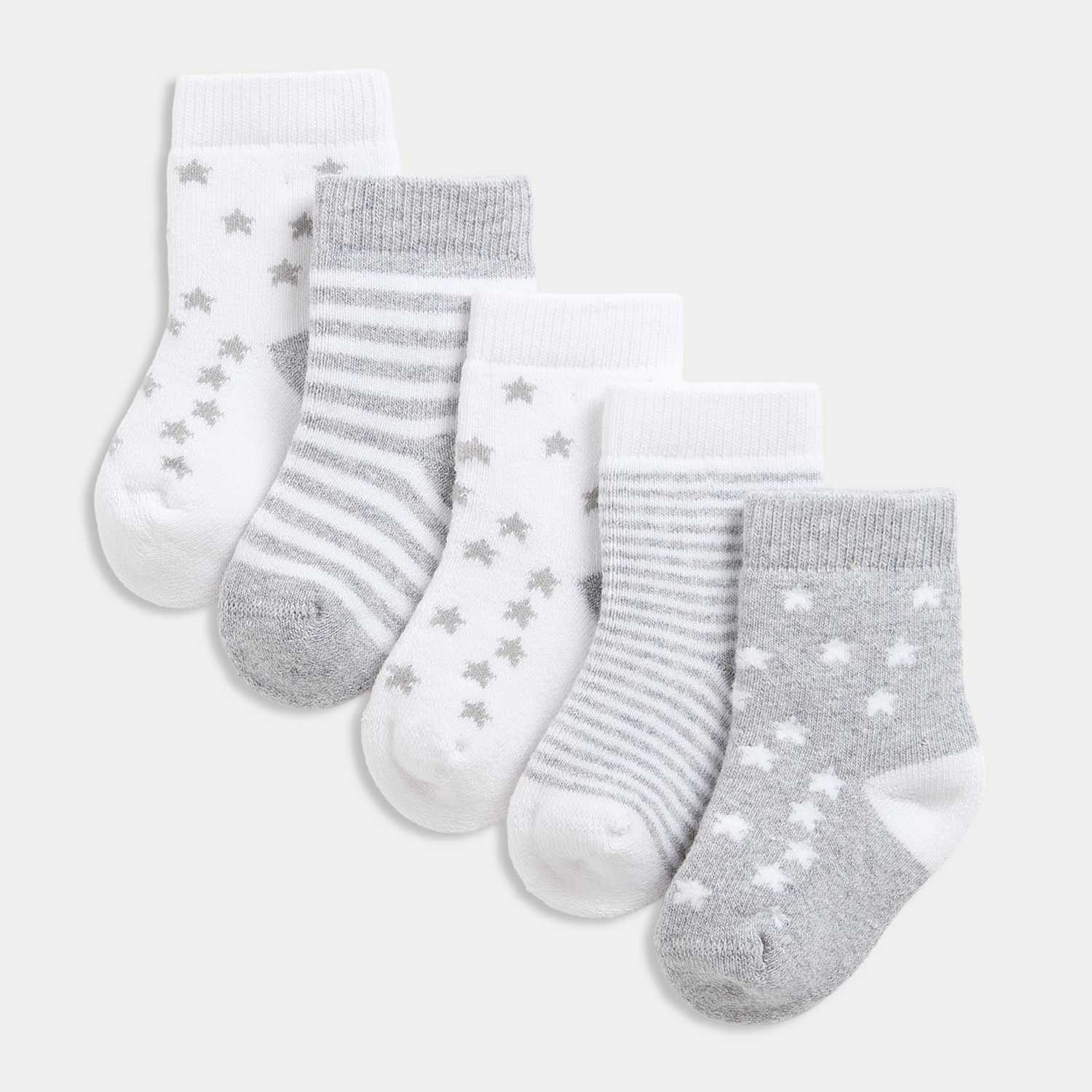 M&S Boys 5 Pack Cotton Rich Terry Star Socks (0-2 Yrs) - Newborn - Grey Mix