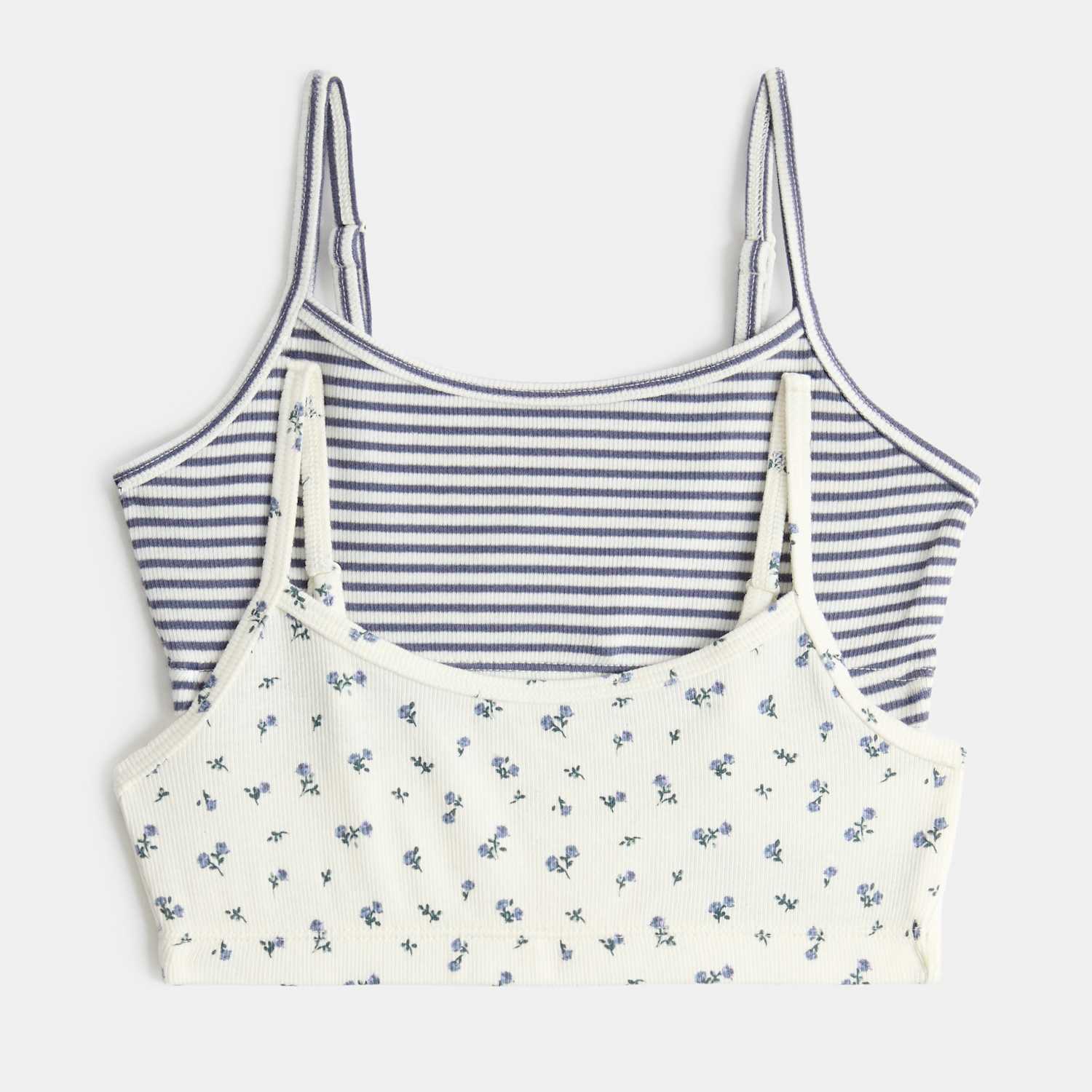 M&S Girls 2 Pack V-Neck Floral Striped Crop Tops (7-16 Yrs) - 11-12 Years - Navy Mix