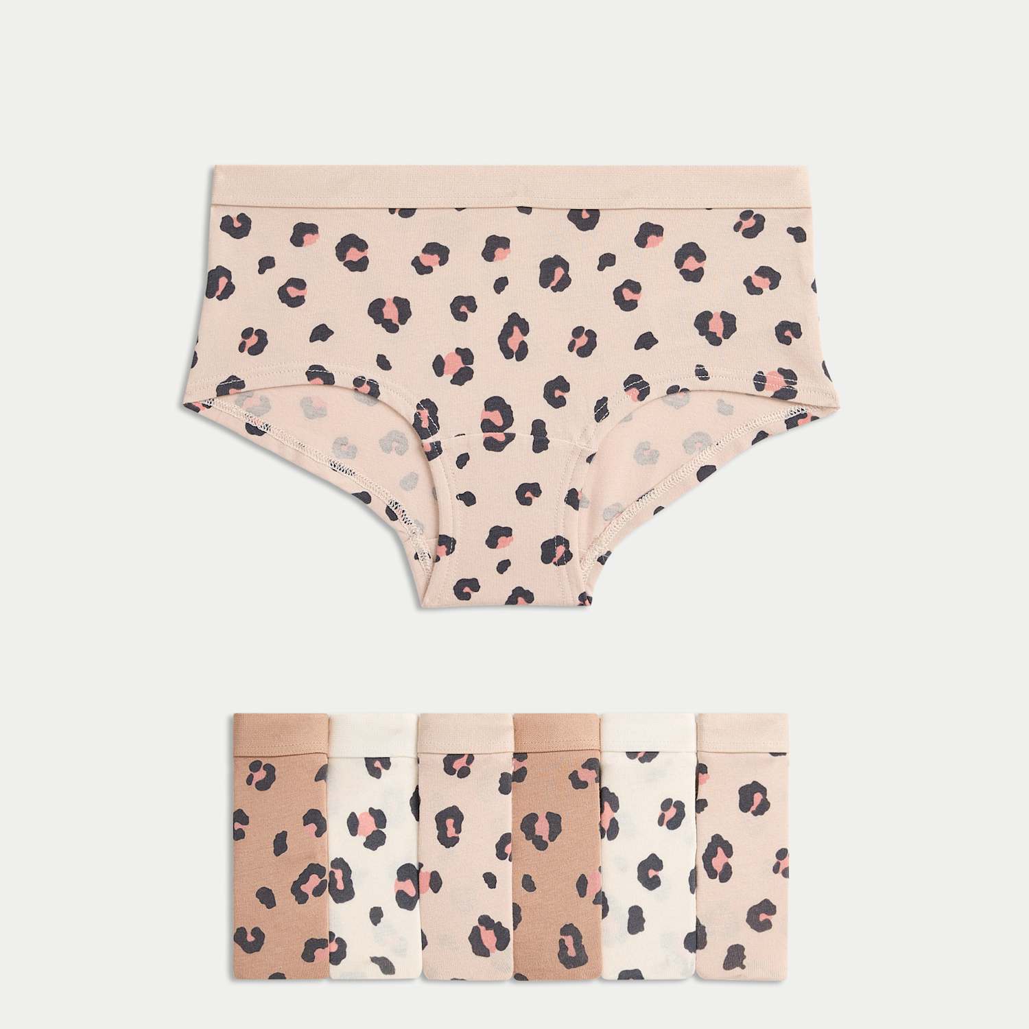 M&S Girls 7 Pack Cotton StayNew Leopard Print Knicker Shorts (5-16 Yrs) - 15-16 Years - Mocha Mix