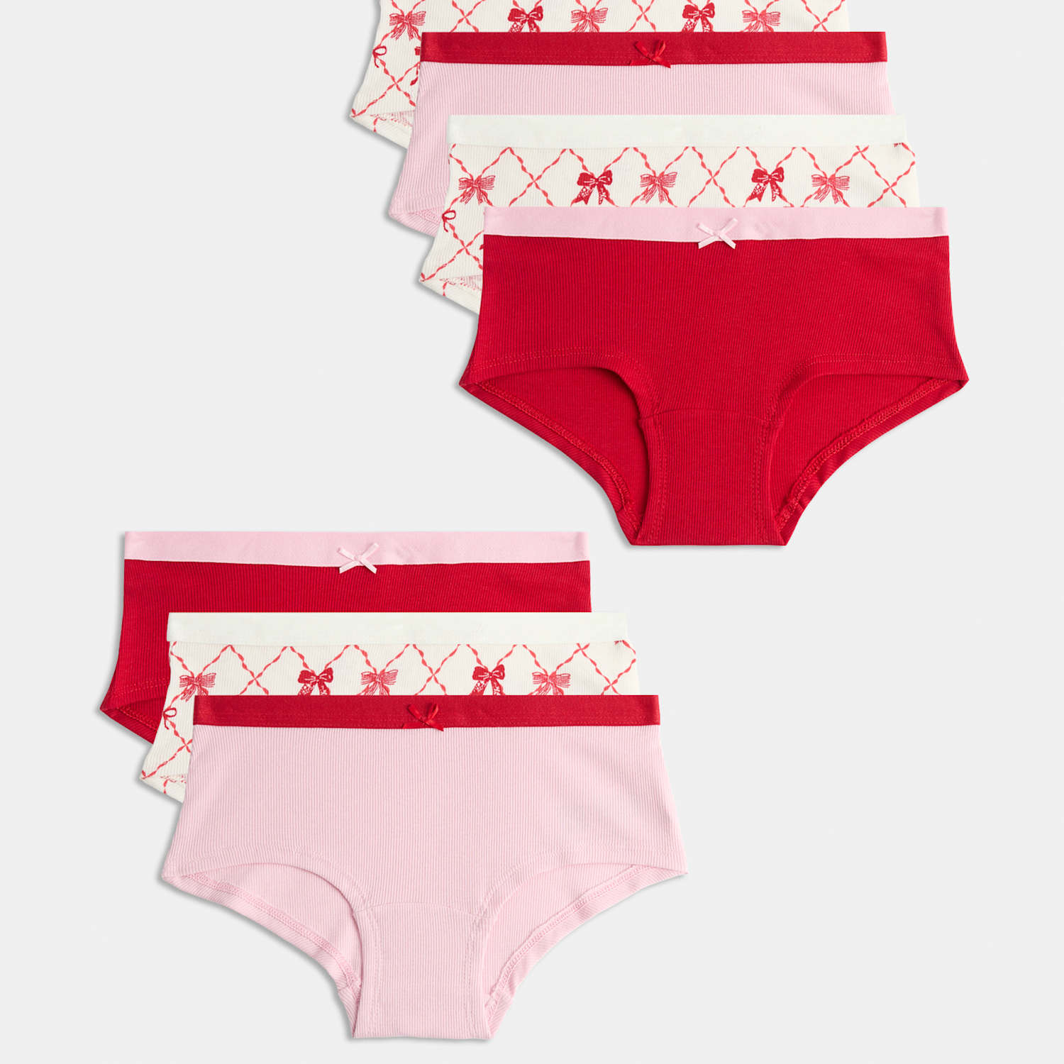 M&S Girls 7 Pack Cotton Rich Striped Bow Shorts - 8-9 Years - Red Mix