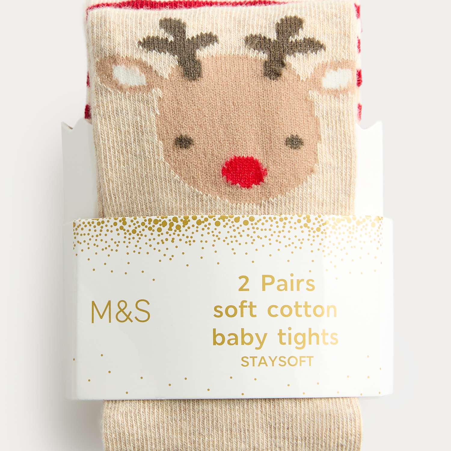 M&S Girls 2 Pack Cotton Rich Reindeer Tights (0-3 Yrs) - 2-3 Years - Cream Mix
