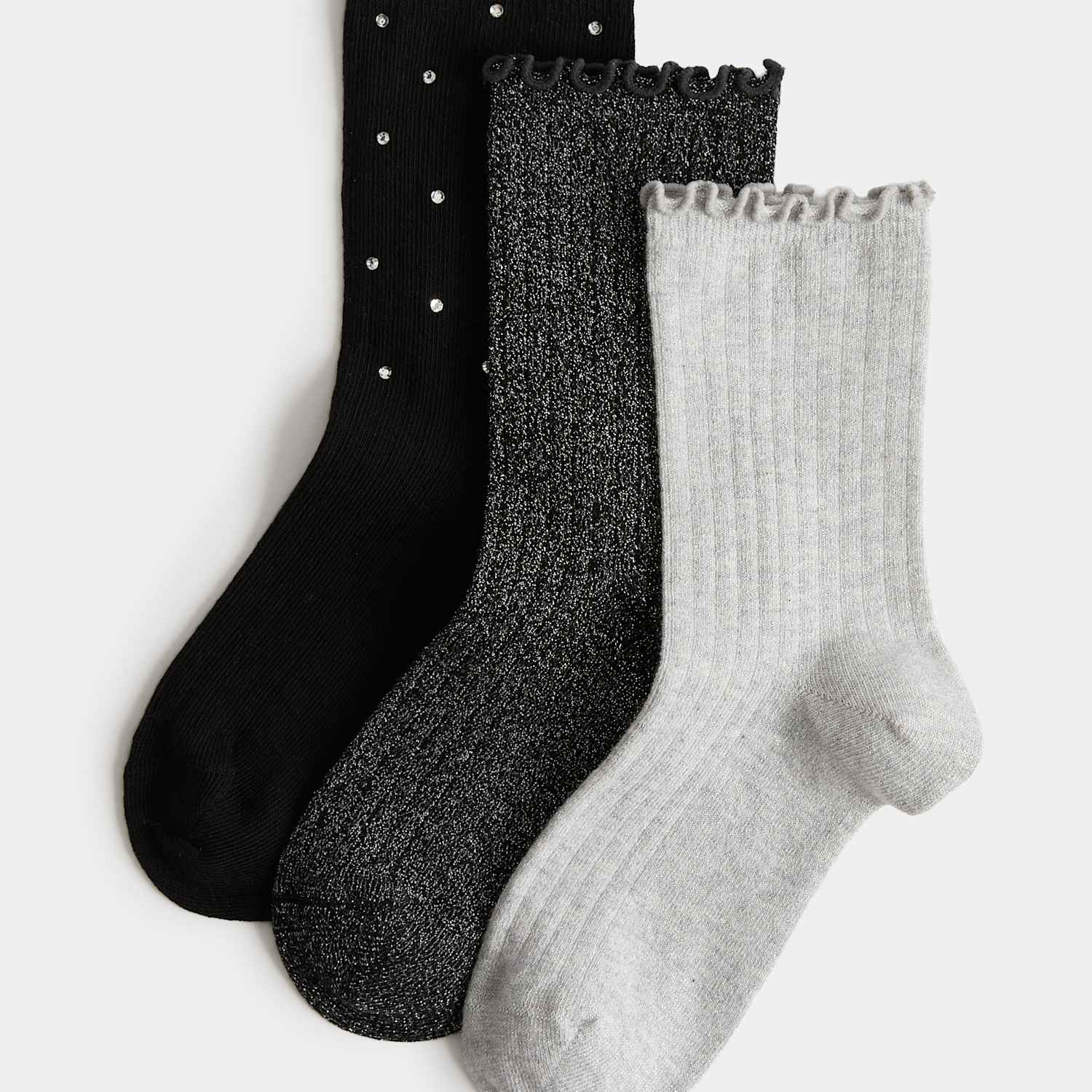 M&S Girls 3 Pack Cotton Rich Ribbed Diamante Glitter Socks (6 Small-7 Large) - 12½-3 ½ - Grey Mix