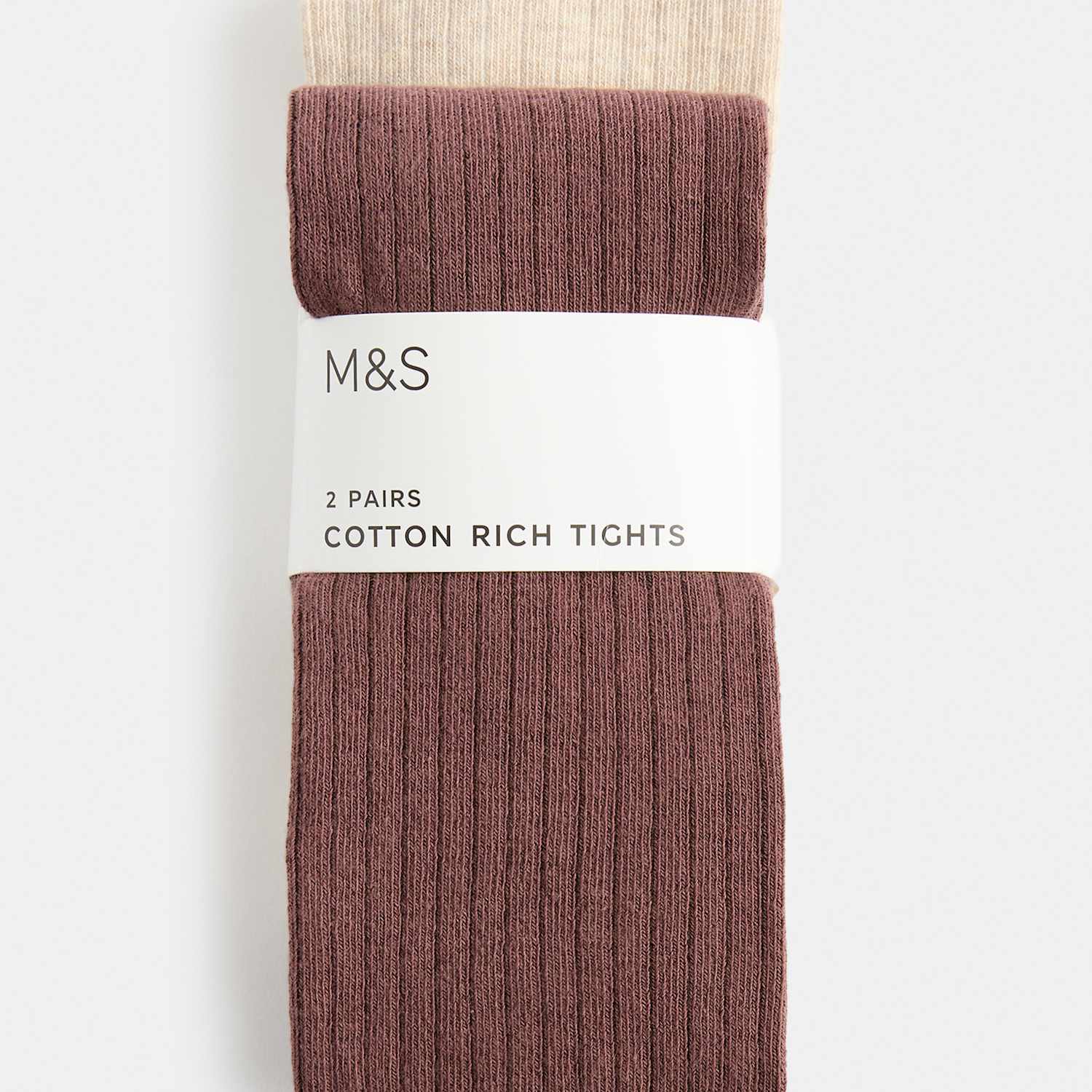 M&S Girls 2 Pack Cotton Rich Ribbed Tights (2-14 Yrs) - 5-6 Years - Brown Mix