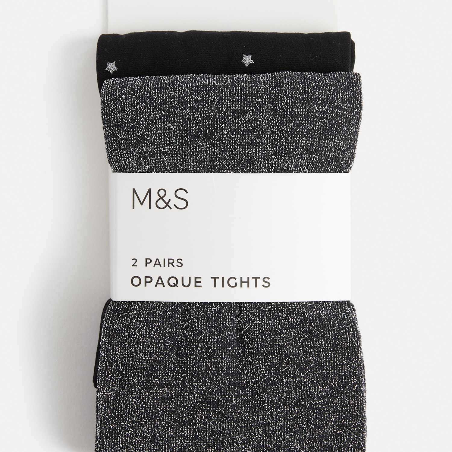 M&S Girls 2 Pack Star Sparkly Opaque Tights - 3-4 Years - Black Mix