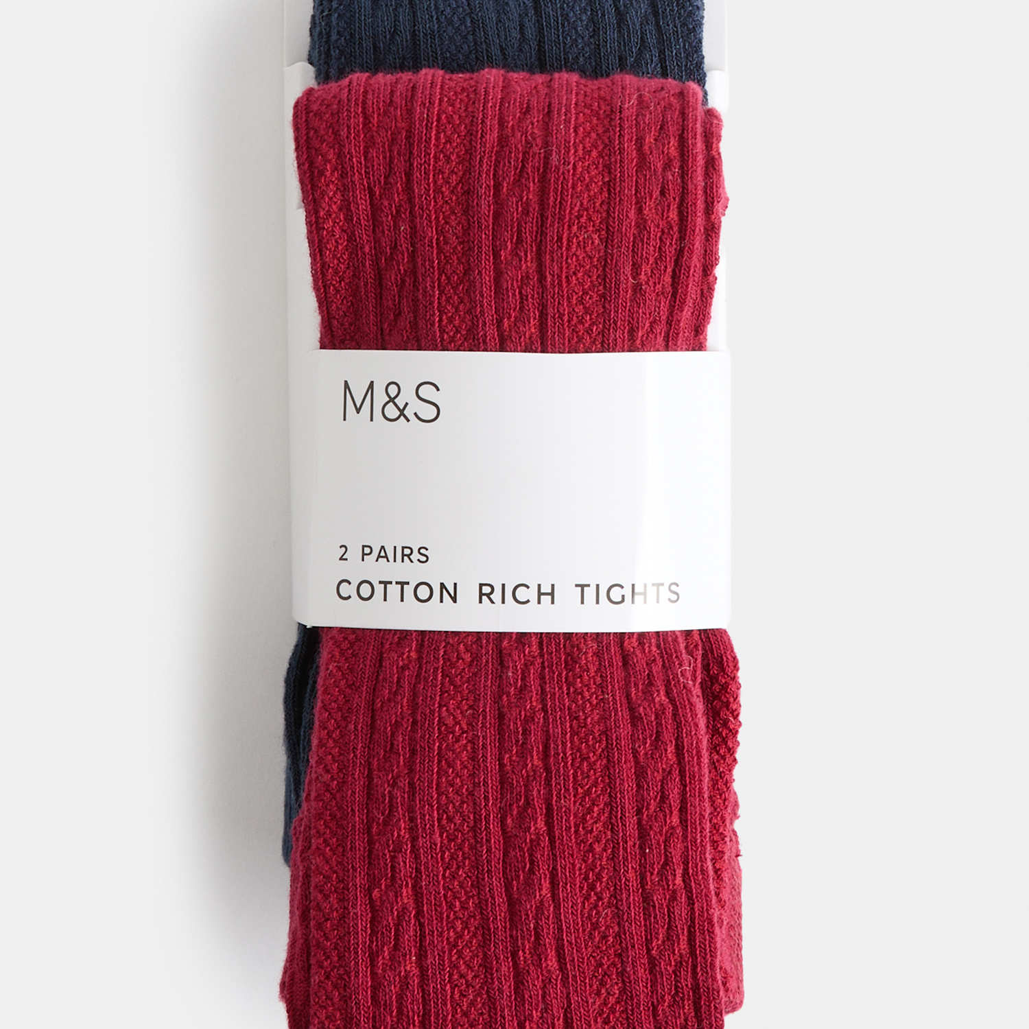 M&S Girls 2 Pack Cotton Rich Cable Tights (2-14 Yrs) - 13-14 Years - Red Mix
