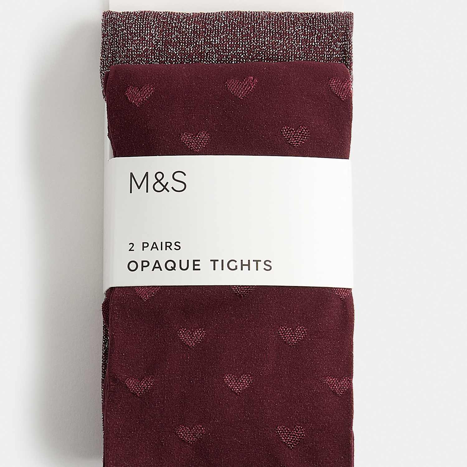 M&S Girls 2 Pack Heart Sparkle Opaque Tights - 5-6 Years - Burgundy