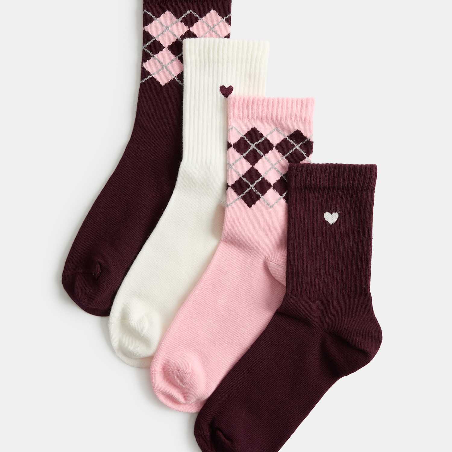 M&S Girls 4 Pack Cotton Rich Argyle Ankle Socks - 6-8 ½ - Burgundy Mix