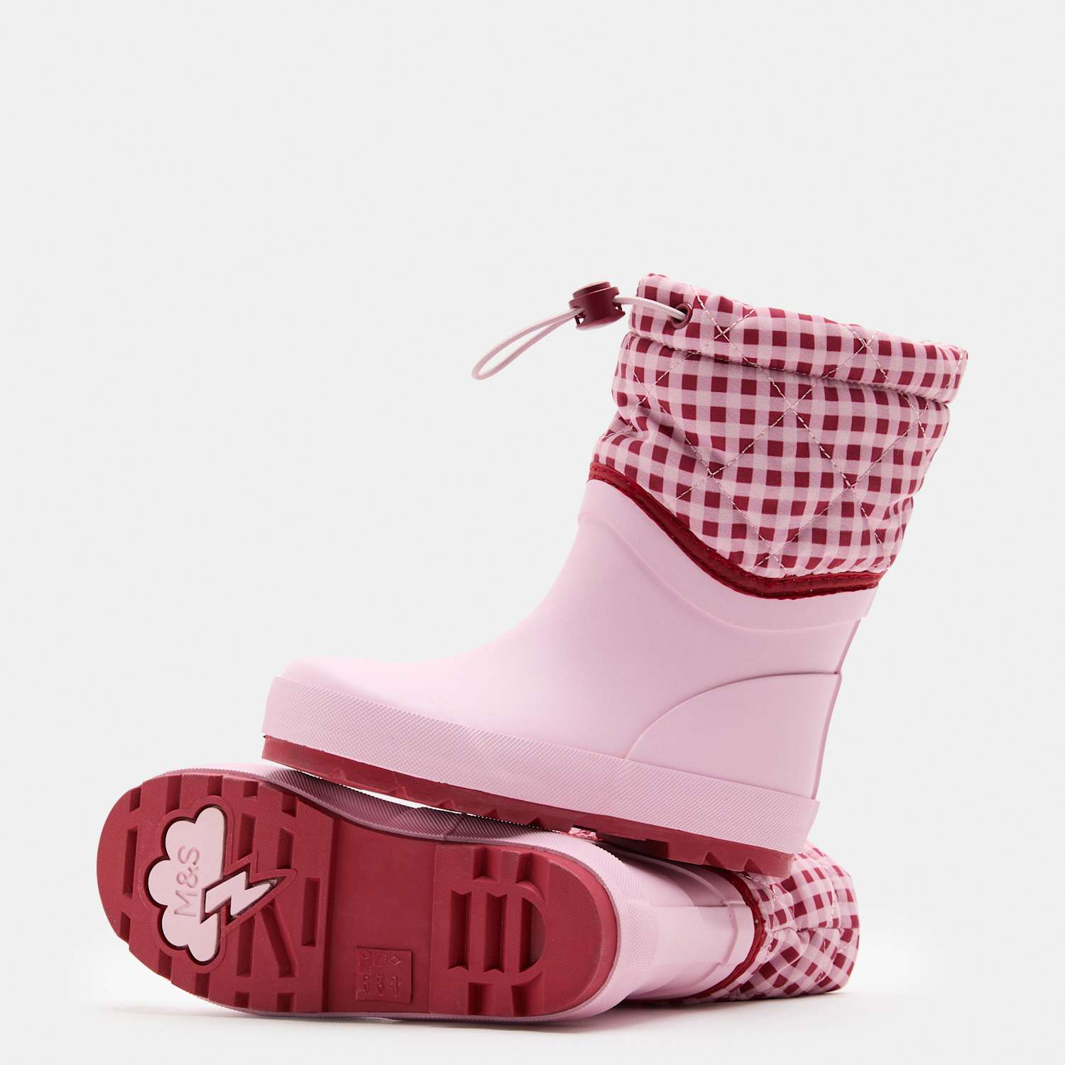 M&S Girls Quilted Check Cuff Wellies (4 Small-2 Large) - 2 - Pink Mix
