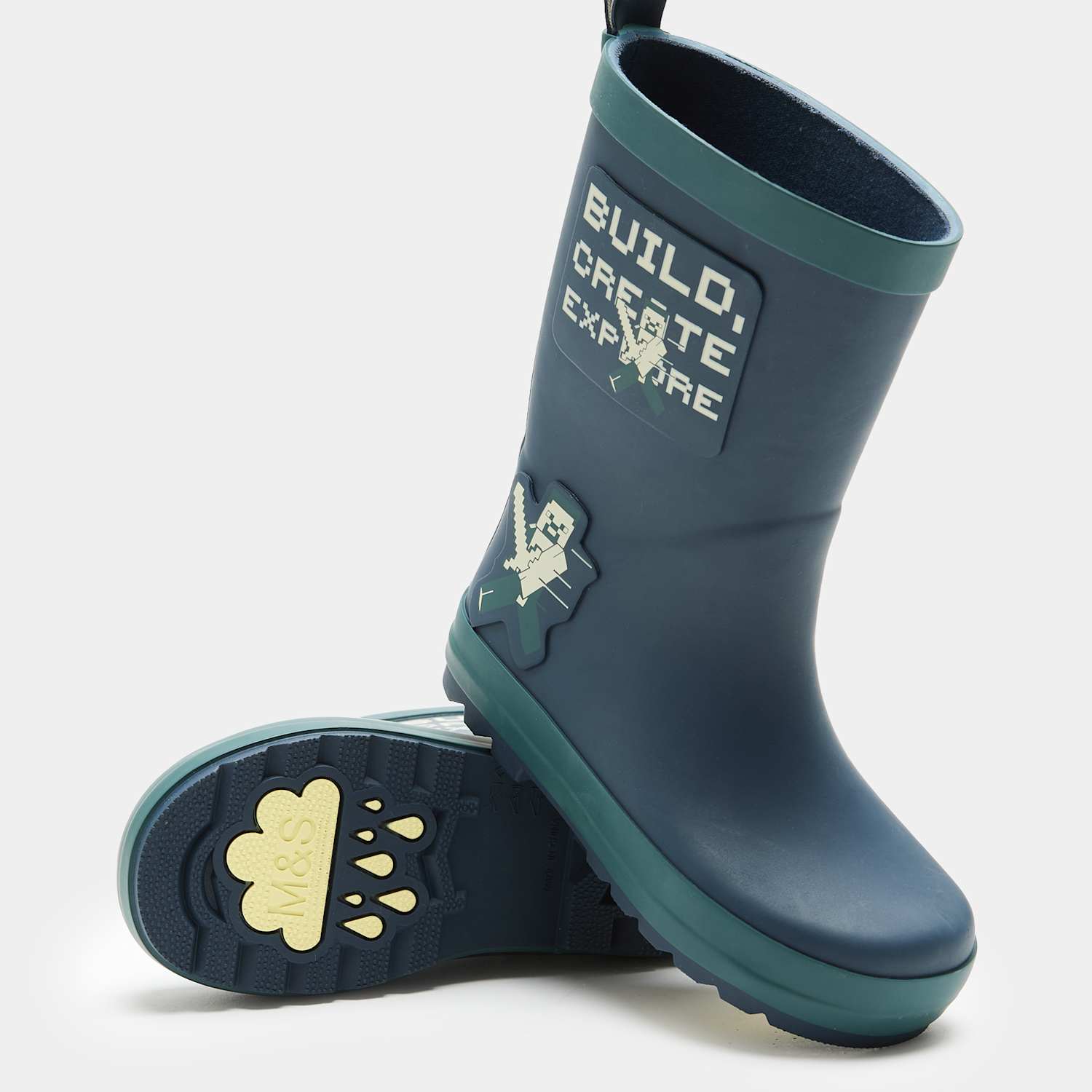 M&S Boys Minecraft Waterproof Wellies (8 Small-2 Large) - 2 - Blue Mix