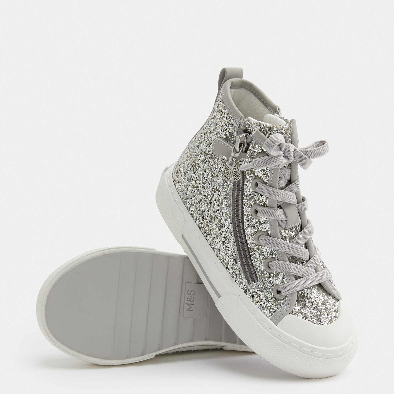 M&S Girls Glitter Charm High Tops (4 Small - 2 Large) - Silver Mix