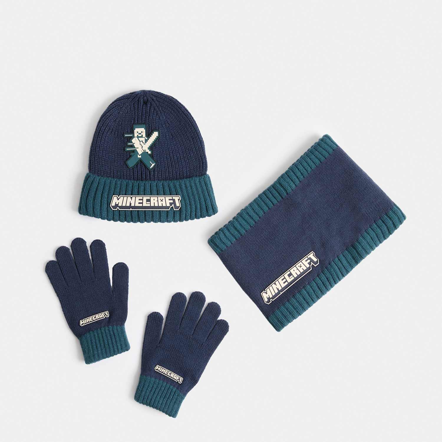 M&S Boys 3pk Minecraft Hat, Scarf & Glove Set - 6-13 Years - Blue Mix