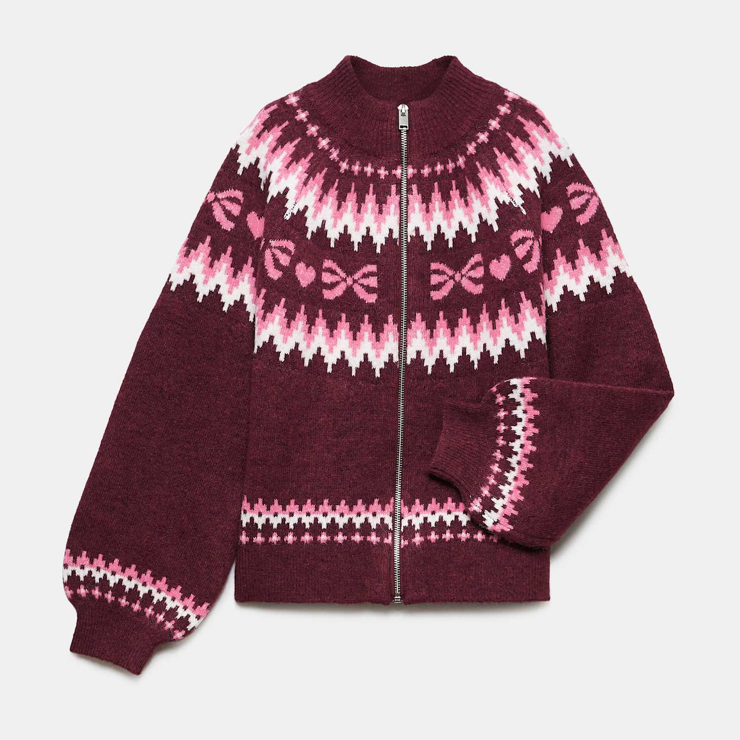 M&S Girls Fair Isle Zip Up Bomber Cardigan (6-16 Yrs) - 13-14 Years - Red Mix