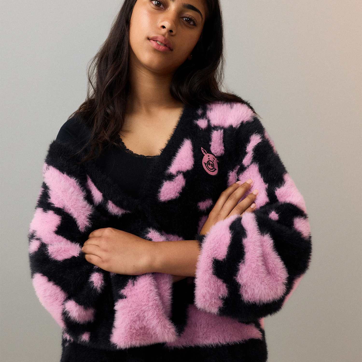 Girls Percy Pig Intarsia Badge Cardigan (6-16 Yrs) - 14-15 Years - Black Mix