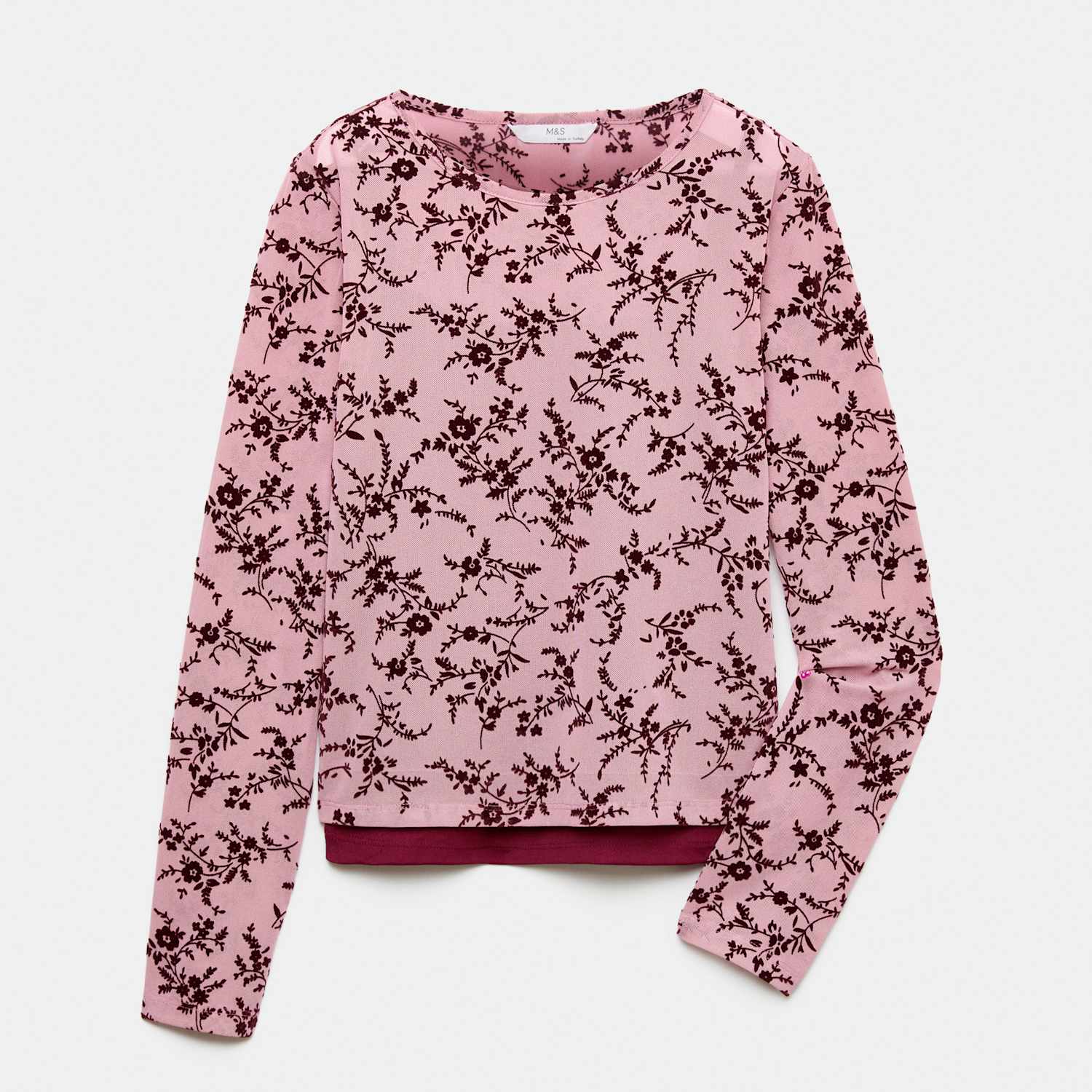 M&S Girls Floral Mesh Top (6-16 Yrs) - 14-15 Years - Burgundy