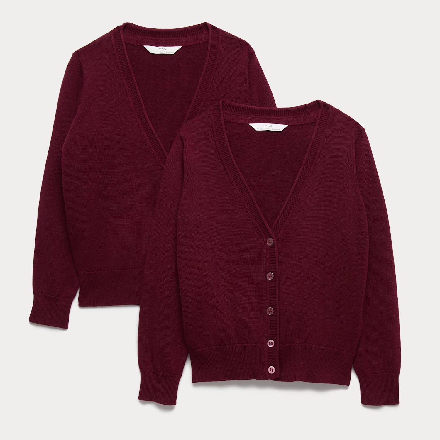 M&S Girls 2 Pack Pure Cotton School Cardigan (3-18 Yrs) - 6-7 Years - Burgundy