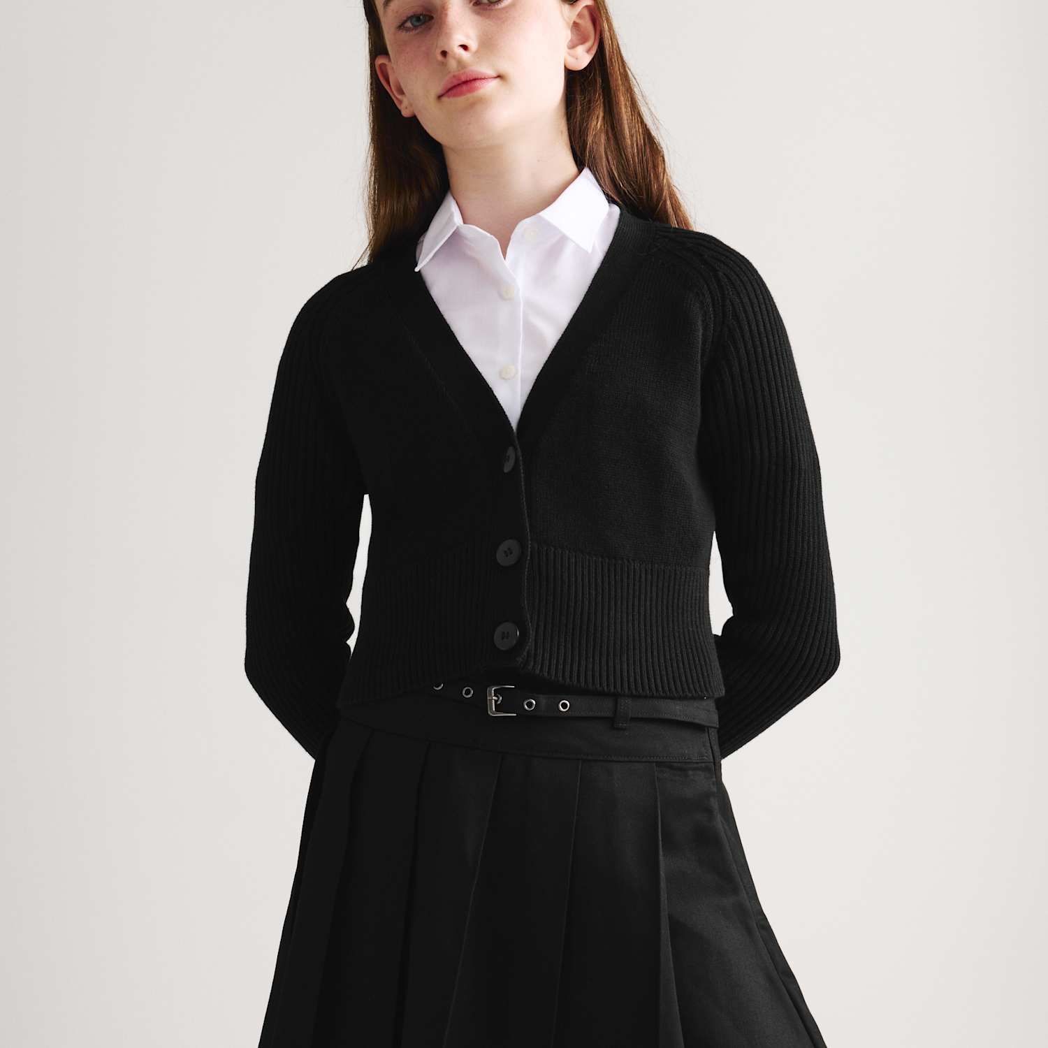 M&S Girls Pure Cotton V-Neck StayNew School Cardigan - 9-10 Years - Black
