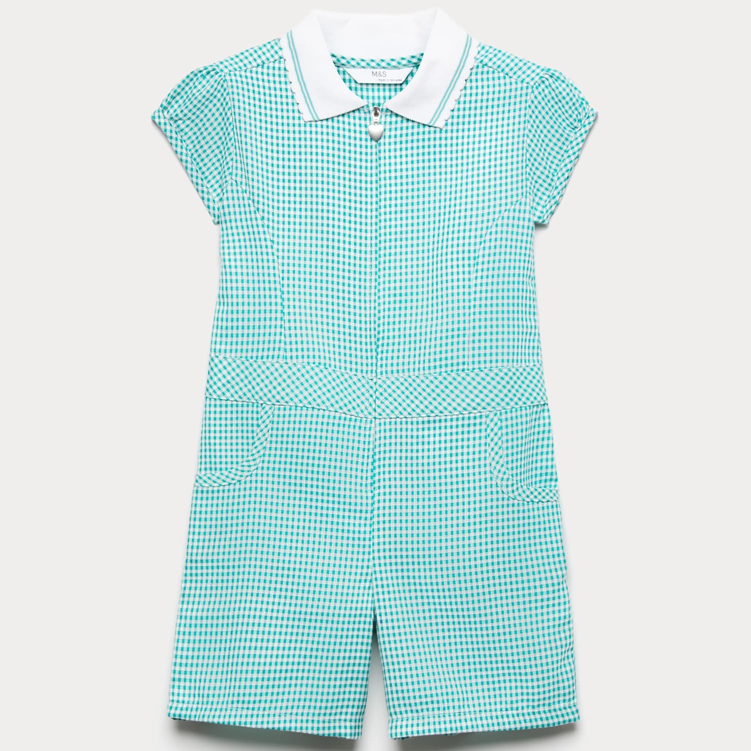 M&S Girls Gingham School Playsuit (2-14 Yrs) - 3-4 Years - Green